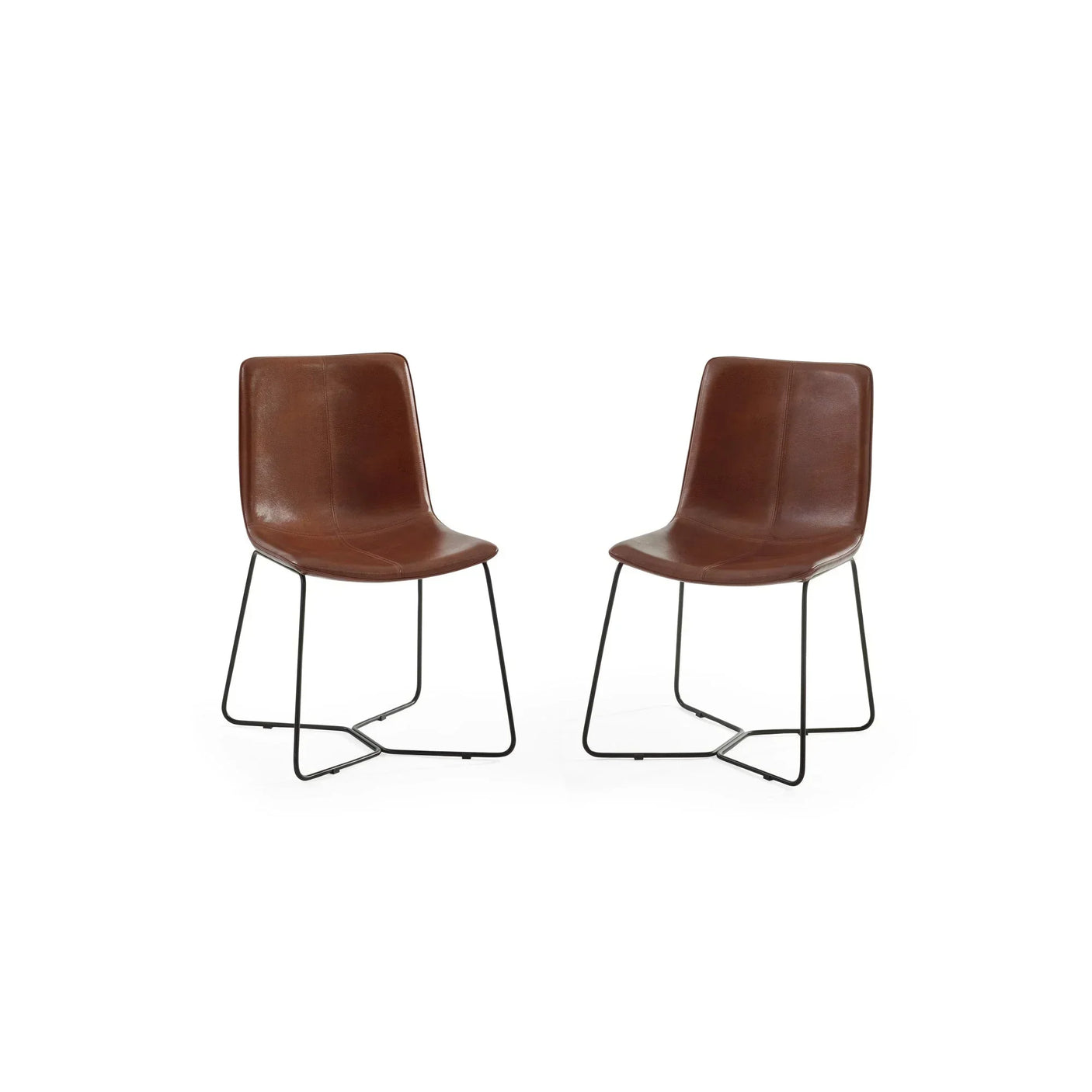 Brown faux leather dining chairs with black metal legs, set of two, on white background