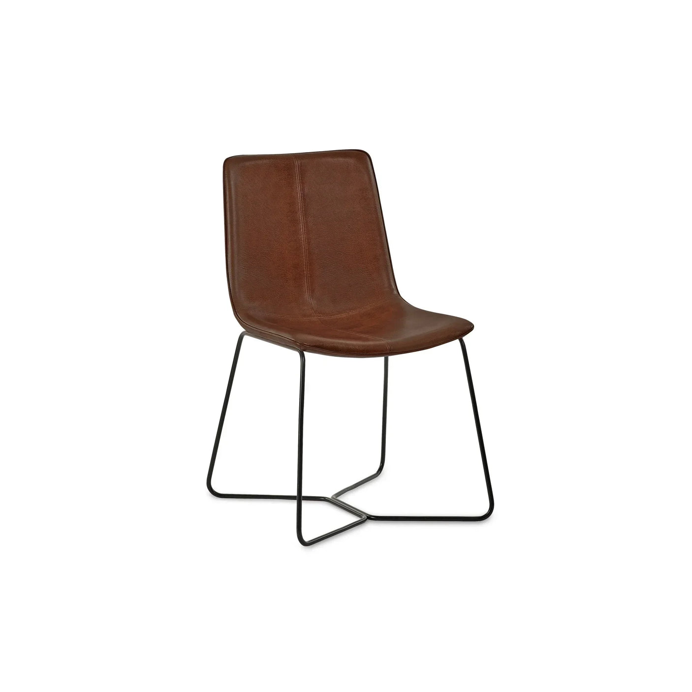 Brown leather dining chair with black metal legs, angled view on white background