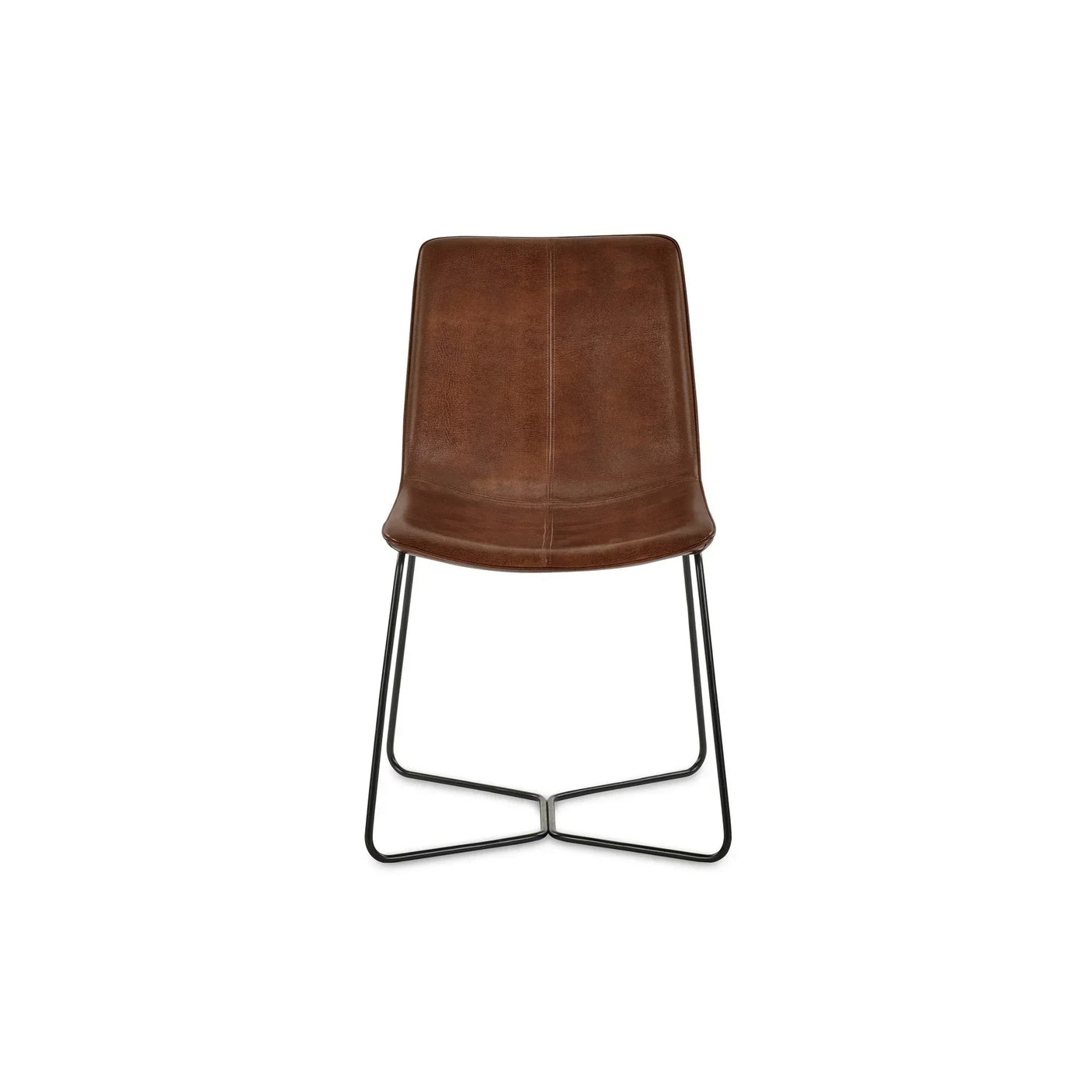 Brown leather dining chair with black metal sled legs, front view