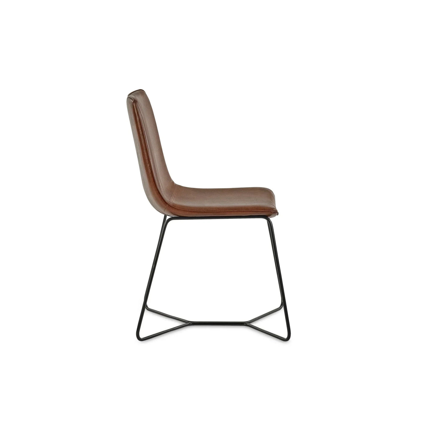 Side view of brown leather dining chair with black metal sled legs