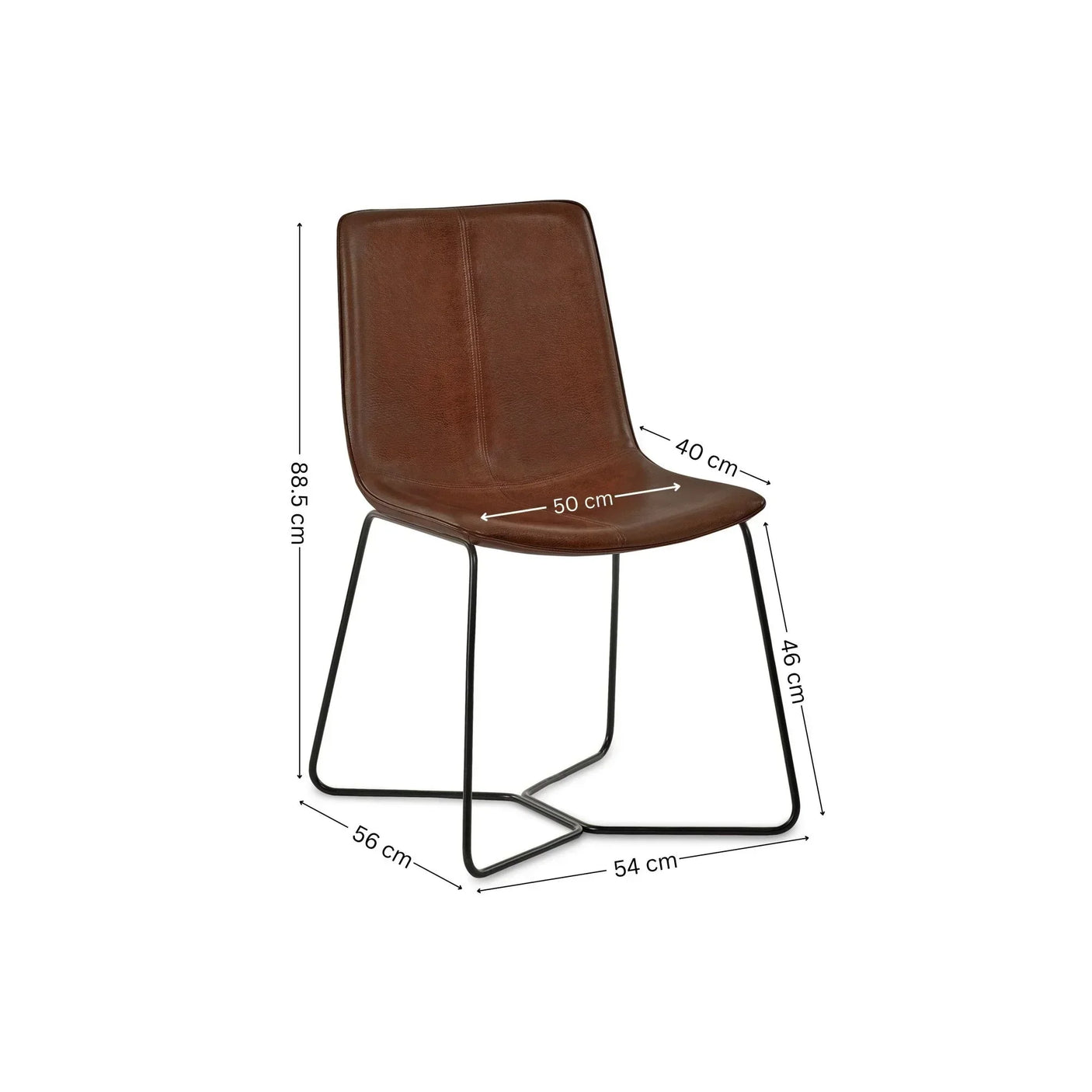 Brown leather dining chair with black metal legs, side view, showing dimensions in centimeters