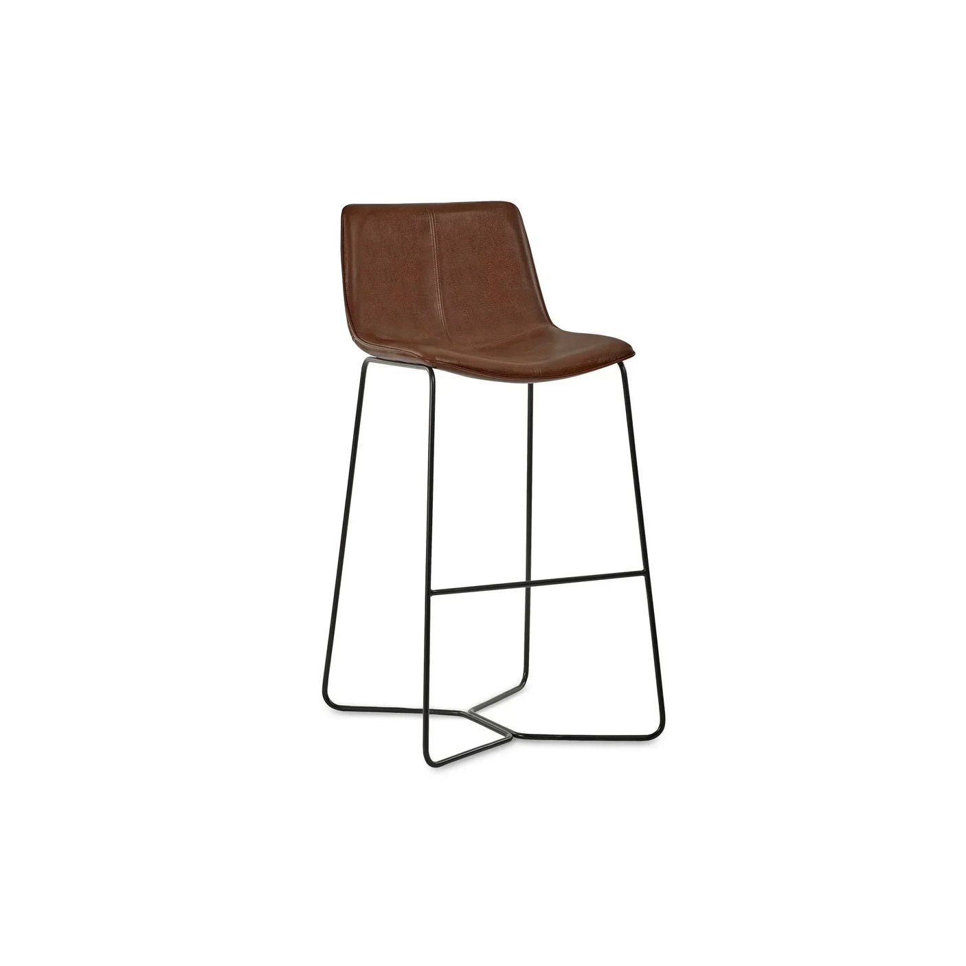 Brown leather bar stool with black metal legs and low backrest, angled side view