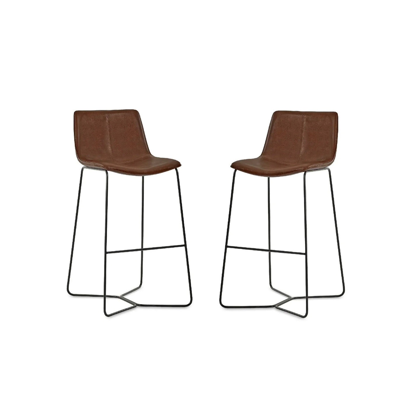 Pair of brown bar stools with curved seats and black metal legs on white background