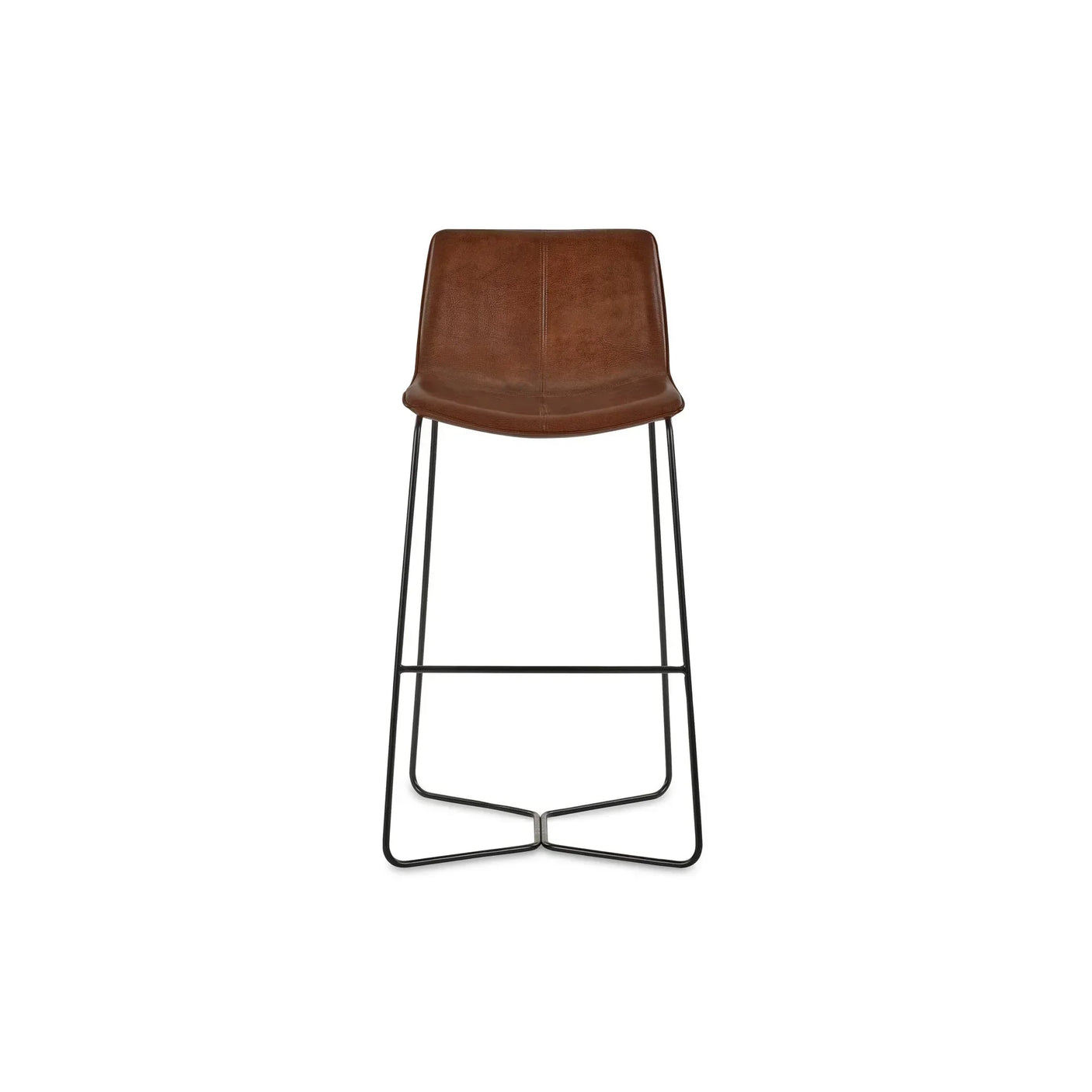 Brown leather bar stool with black metal legs, front view