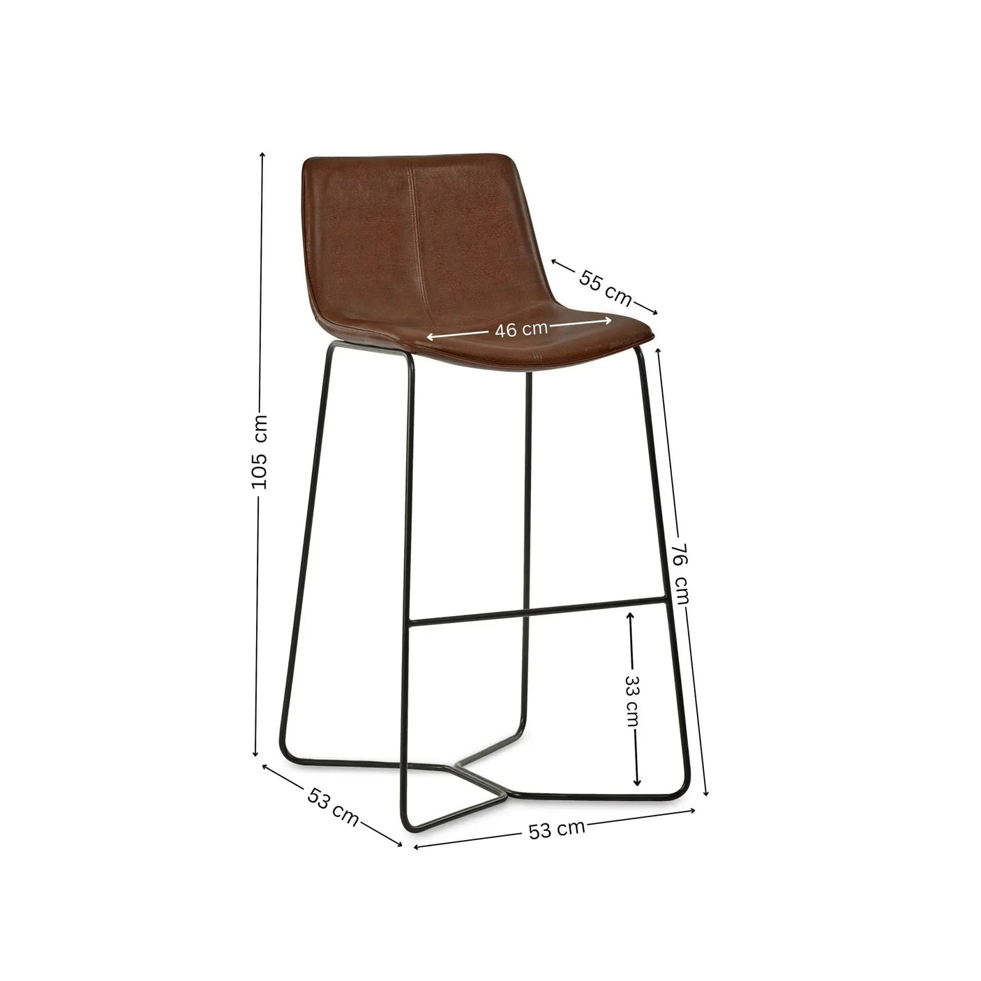 Brown bar stool with metal frame and measurements shown on white background