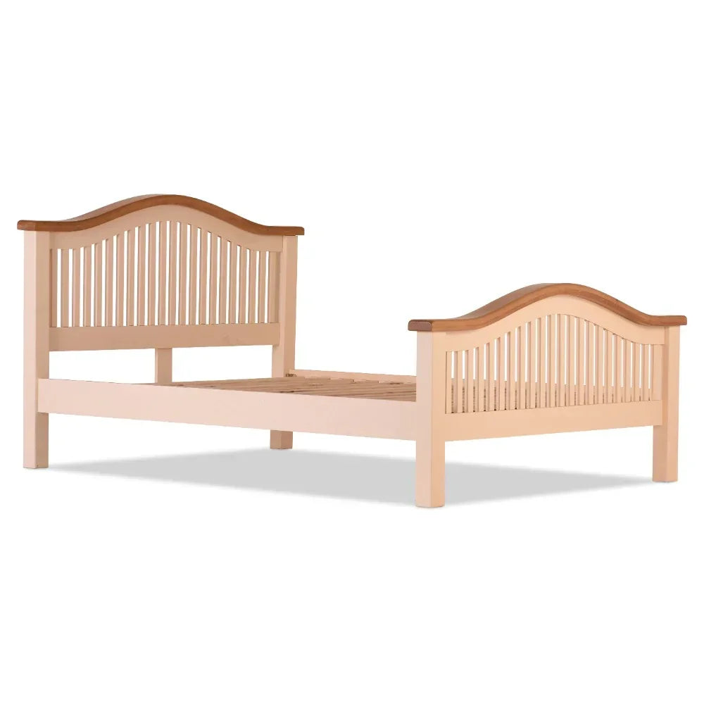 Wooden bed frame with slatted headboard and footboard in natural and cream finish