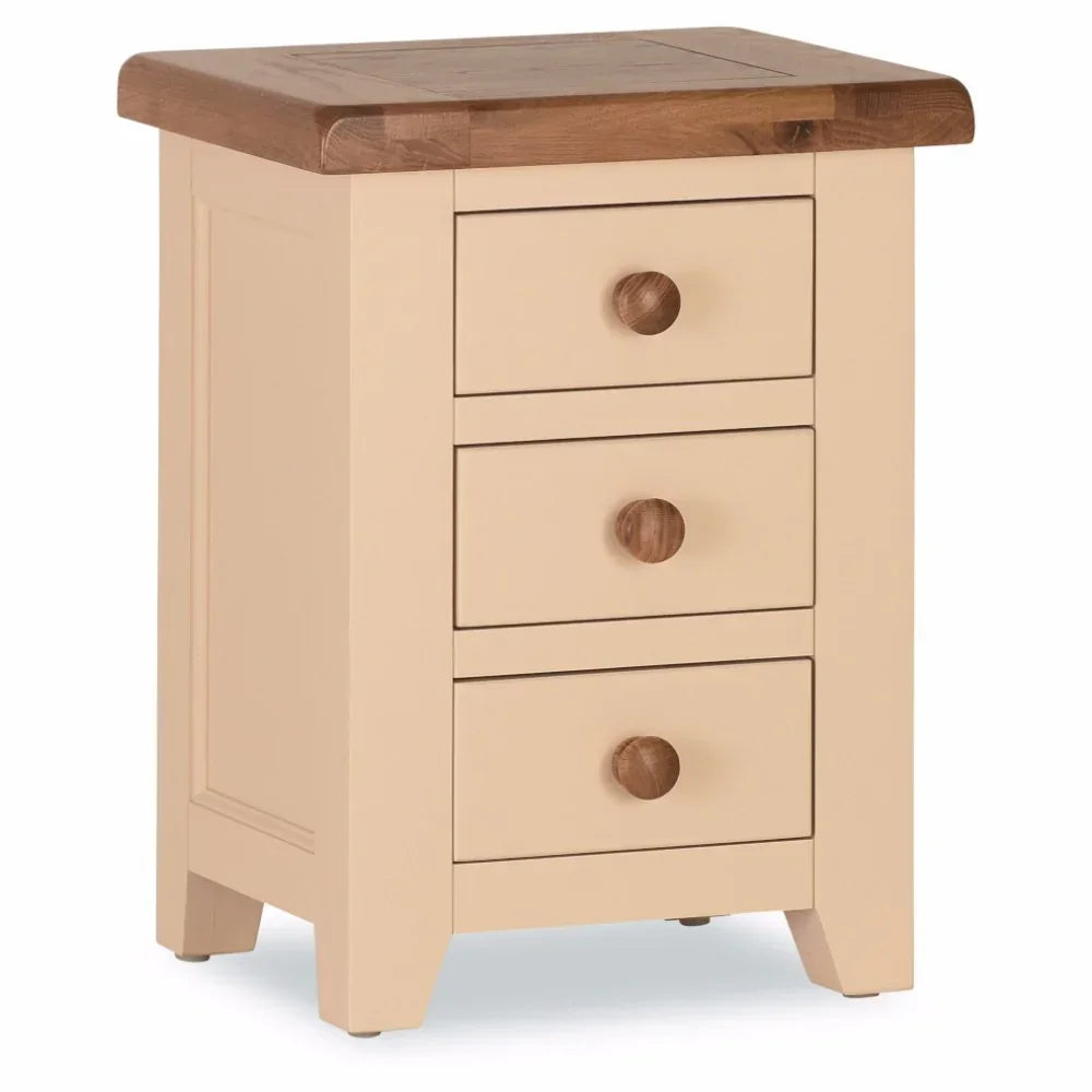 Oak and cream bedside table with three drawers and wooden handles