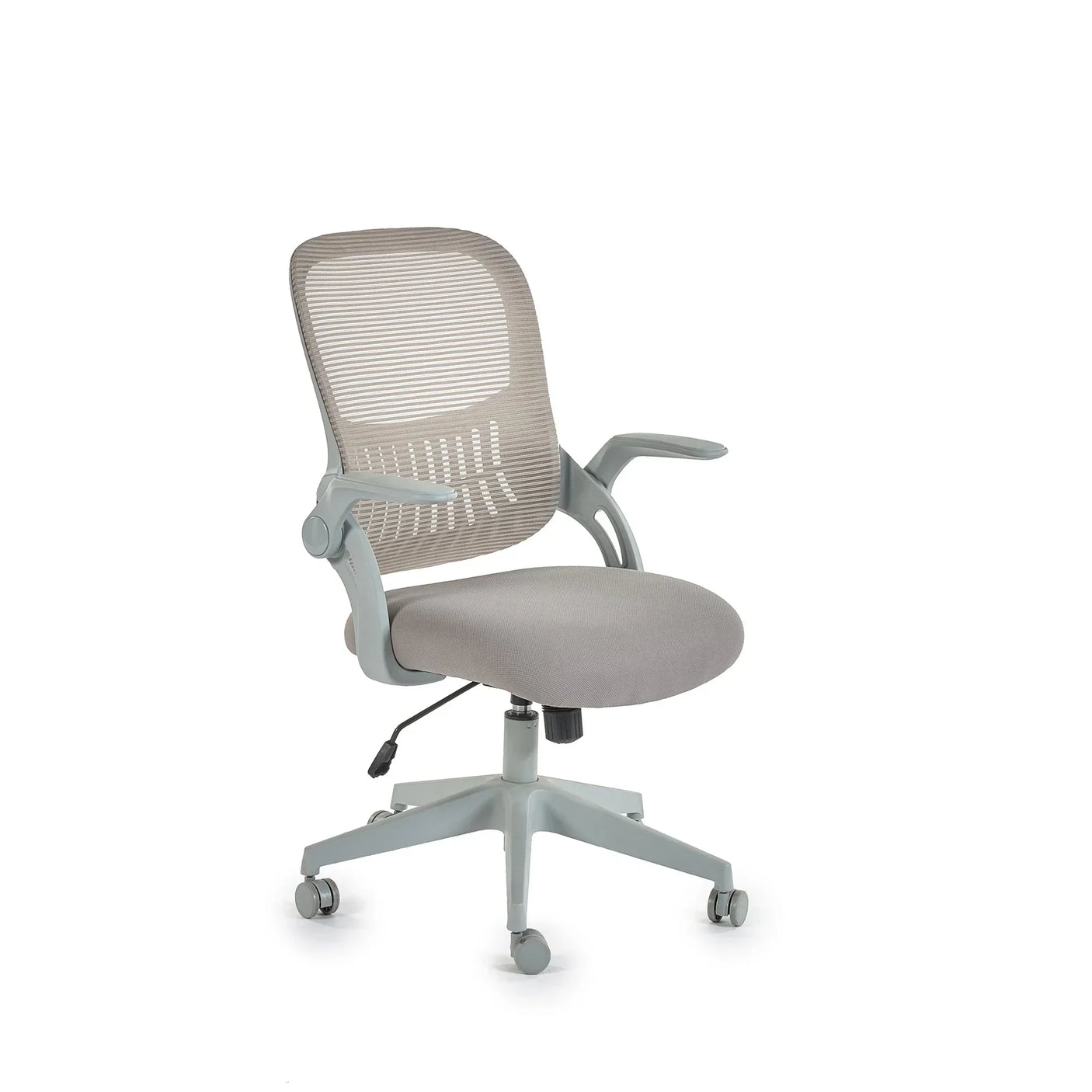 grey office chair with mesh backrest, padded seat, and adjustable arms on wheels