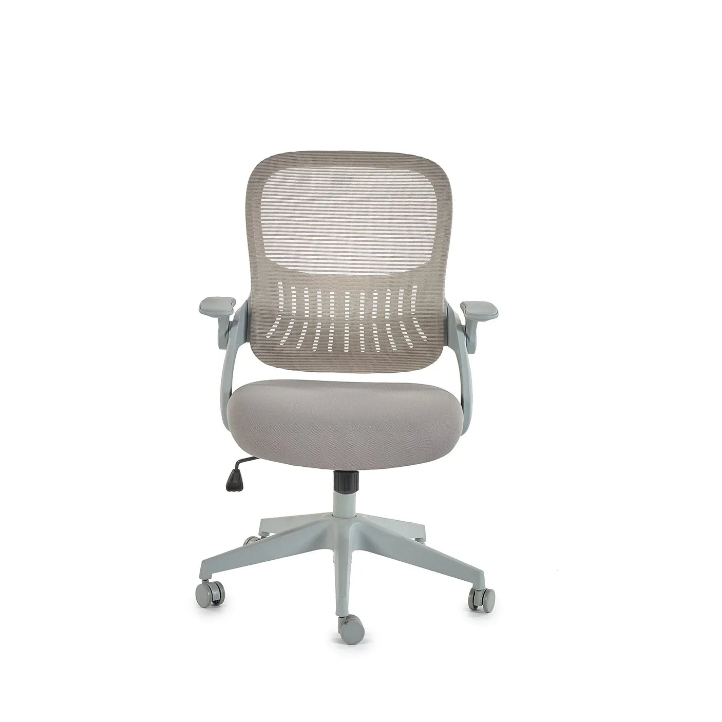 Grey mesh office chair with adjustable arms and padded seat on swivel base