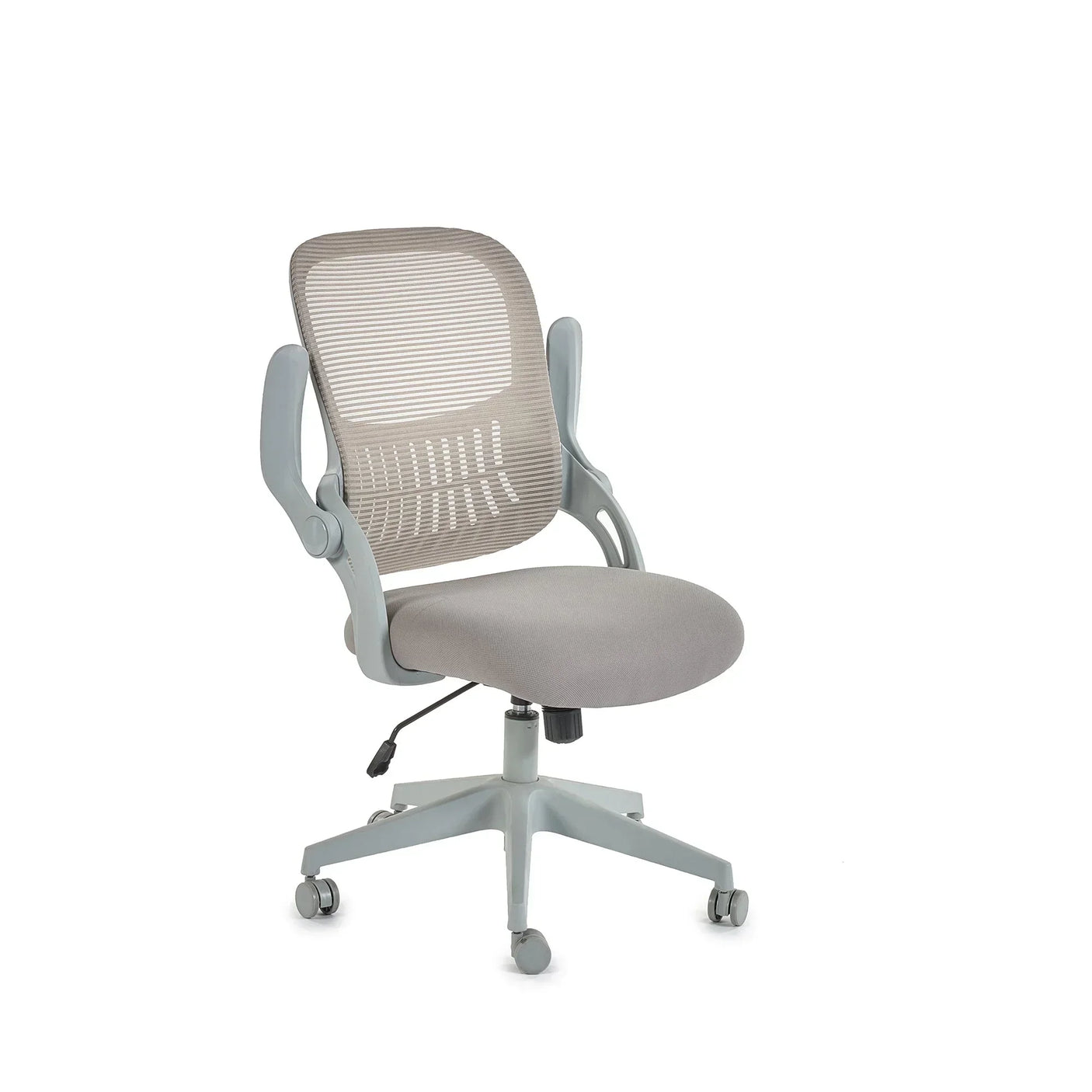 Light grey office chair with mesh backrest, padded seat, adjustable armrests, and wheels