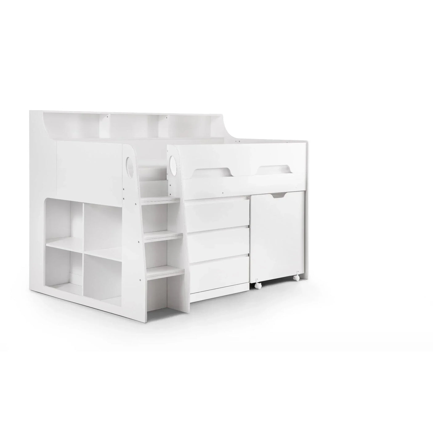 White midsleeper bed with stairs, built-in drawers, shelves, and pull-out desk