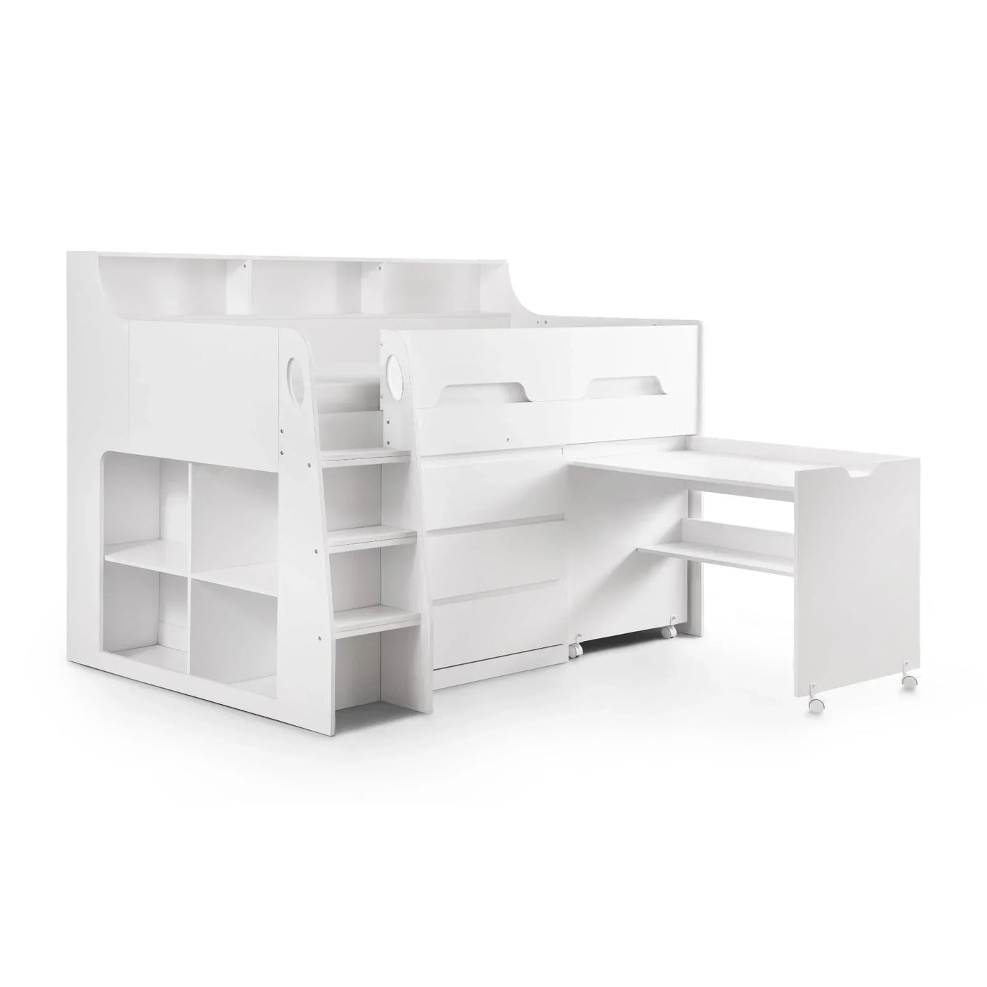 White midsleeper bed with built-in storage shelves, steps, drawers, and pull-out desk