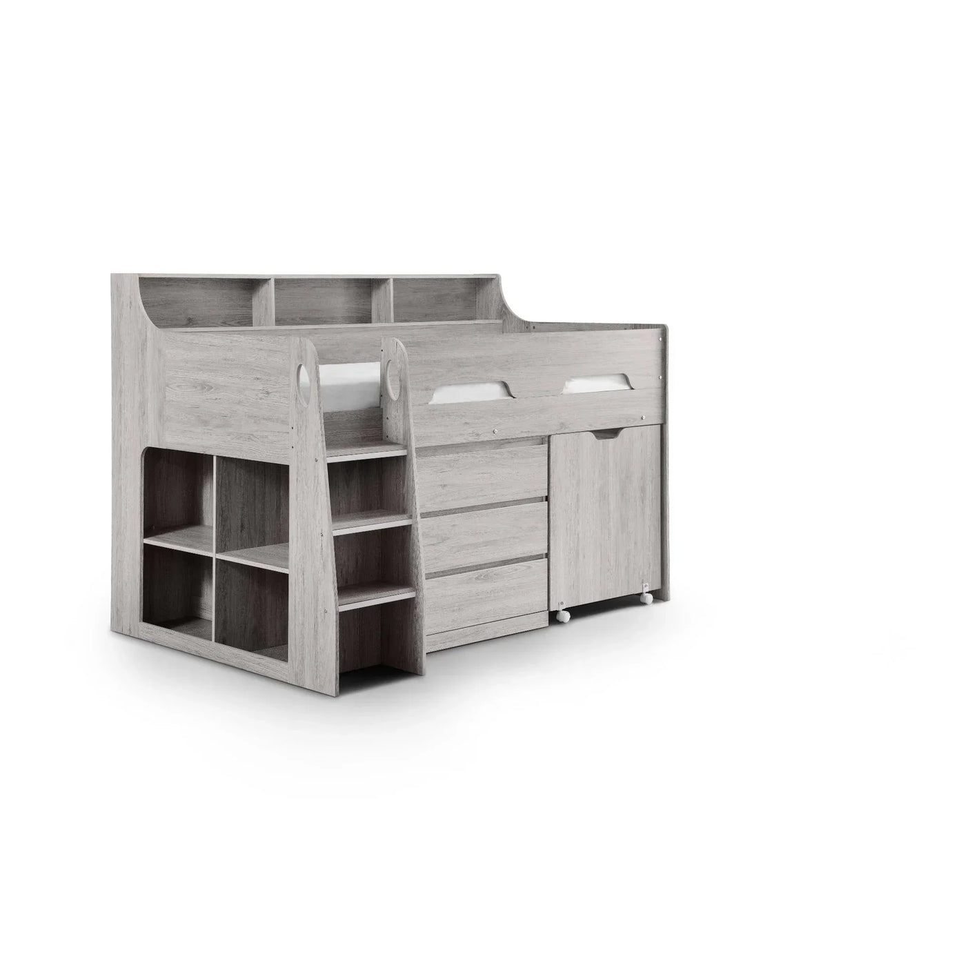 Grey oak midsleeper bed with built-in storage shelves, drawers, ladder, and pull-out desk