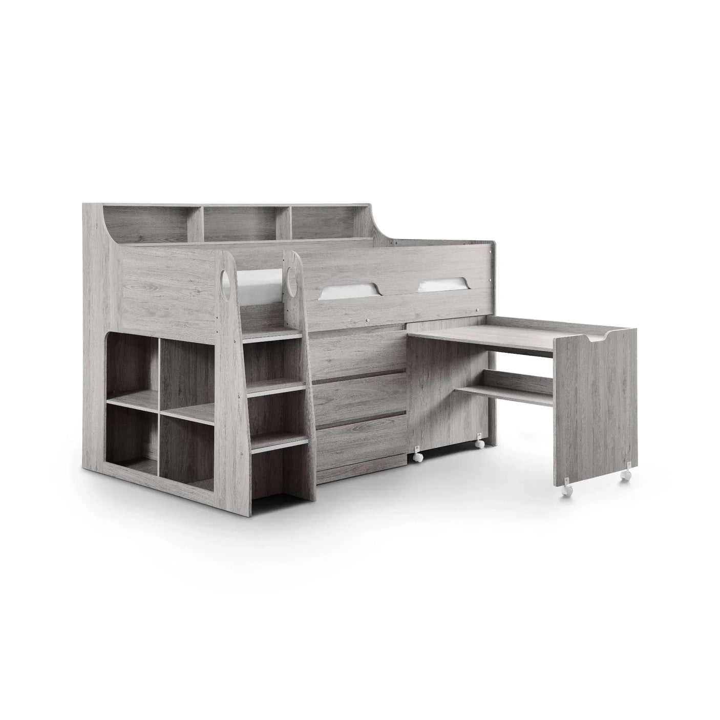 Grey oak midsleeper bed with pull-out desk, shelves, drawers, and storage cubbies