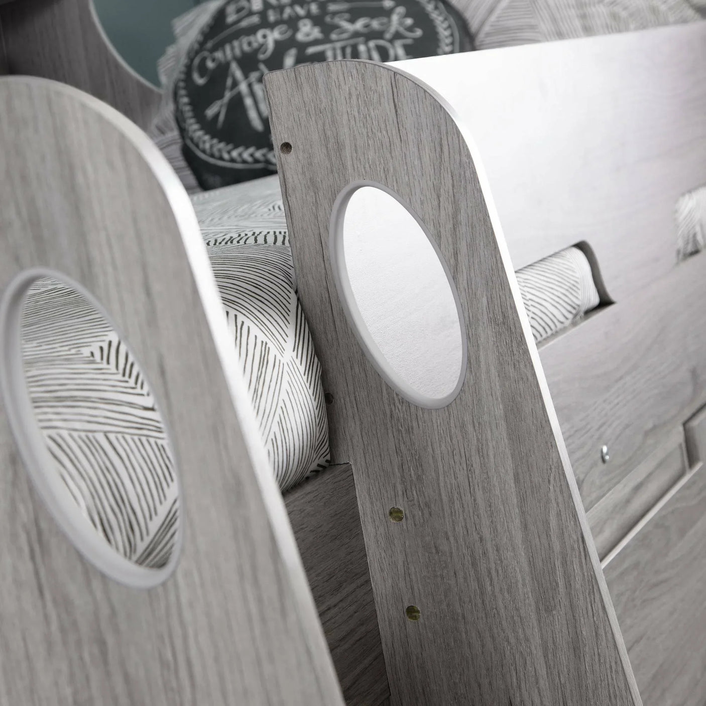 Grey oak midsleeper bed ladder with circular cut-out detail and wood grain finish