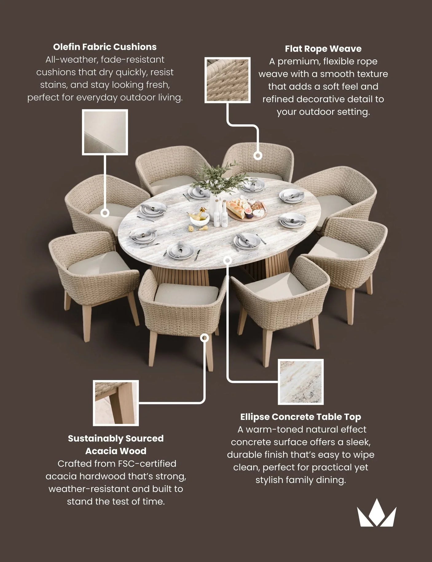 Outdoor dining set with light rattan rope chairs and round ellipse concrete table top