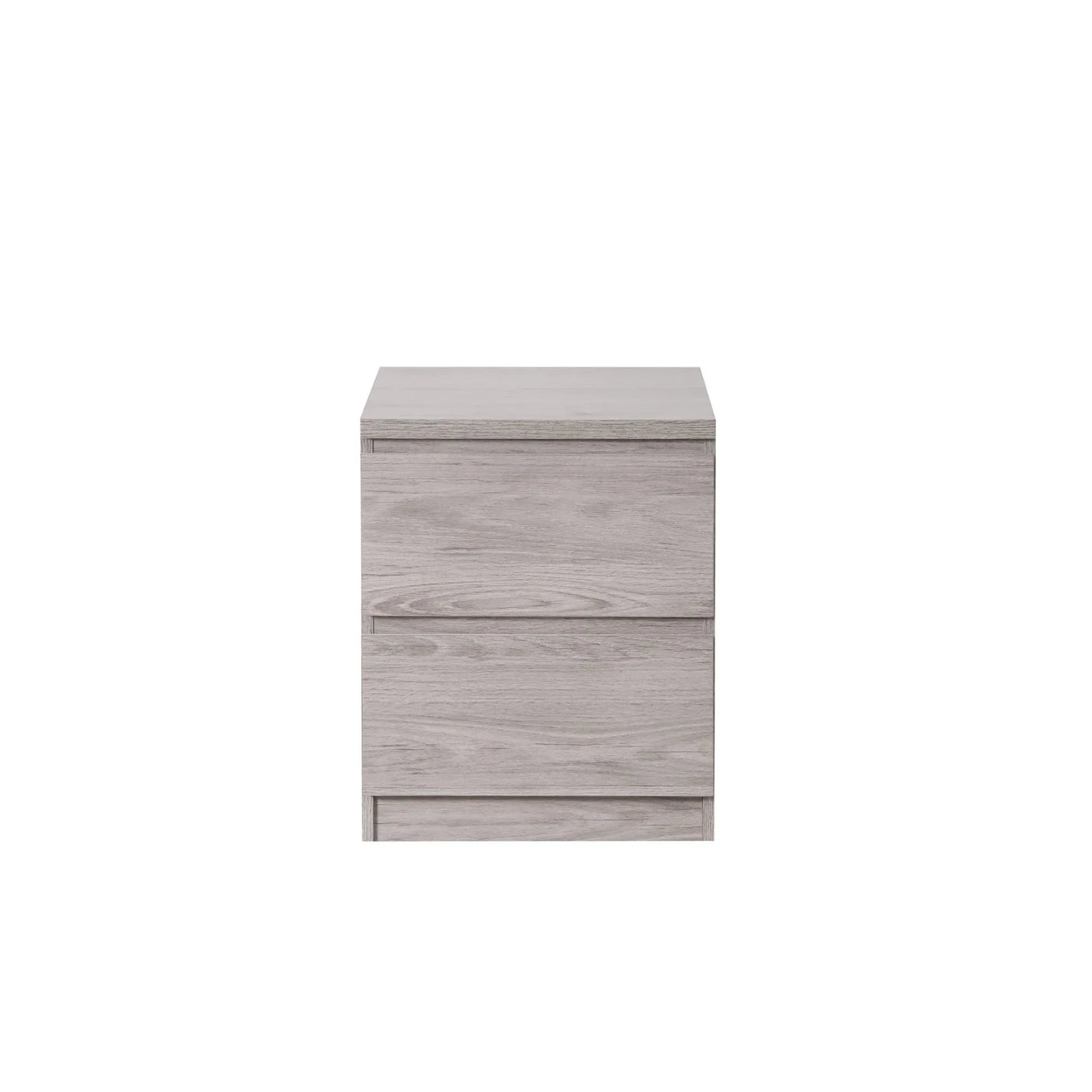 Grey oak two drawer bedside table with minimalist design, front view