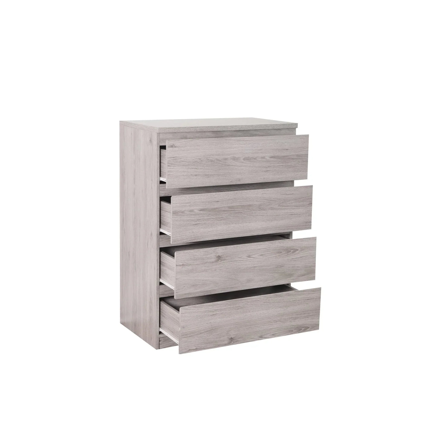Grey oak 4 drawer chest with all drawers open, modern finish, angled side view