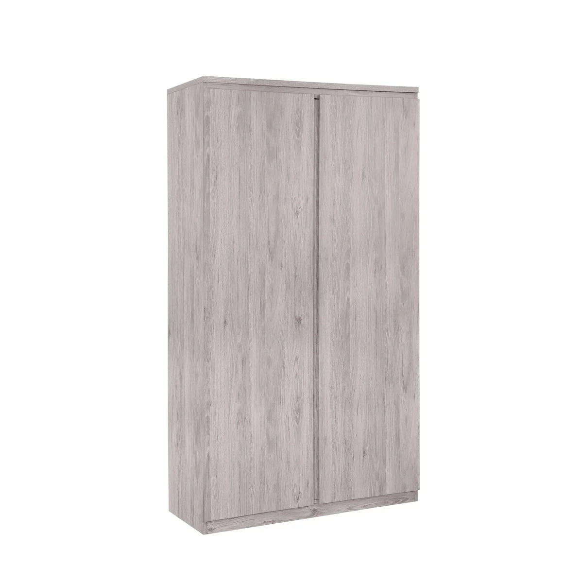 Grey oak 2 door wardrobe with wood grain finish, standing against a white background