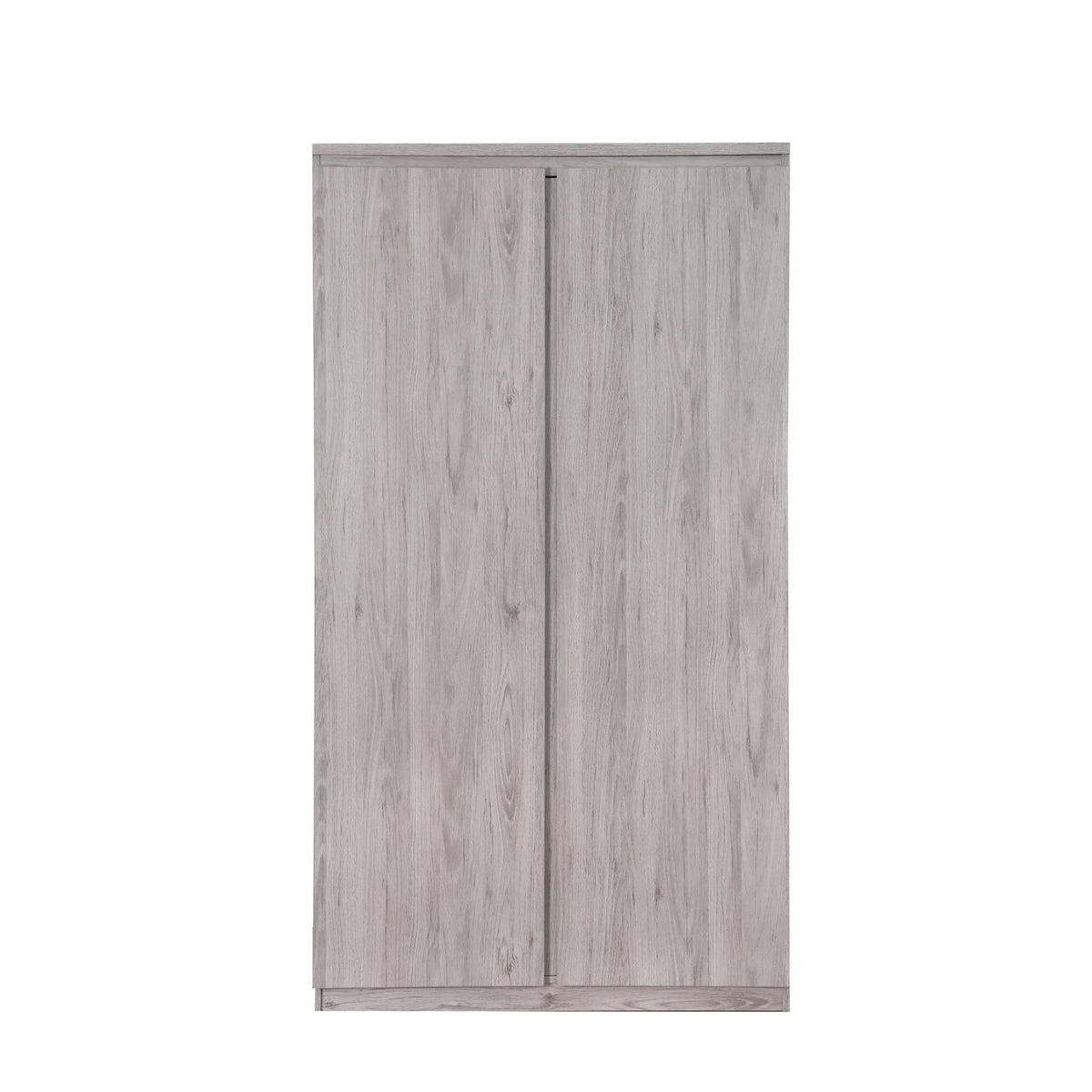 Grey oak 2 door wardrobe with minimalist design, shown from the front against white background