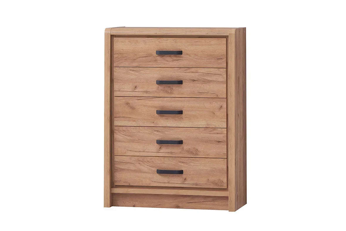 Oak effect 5 drawer tall chest with black handles, shown from the front against white background