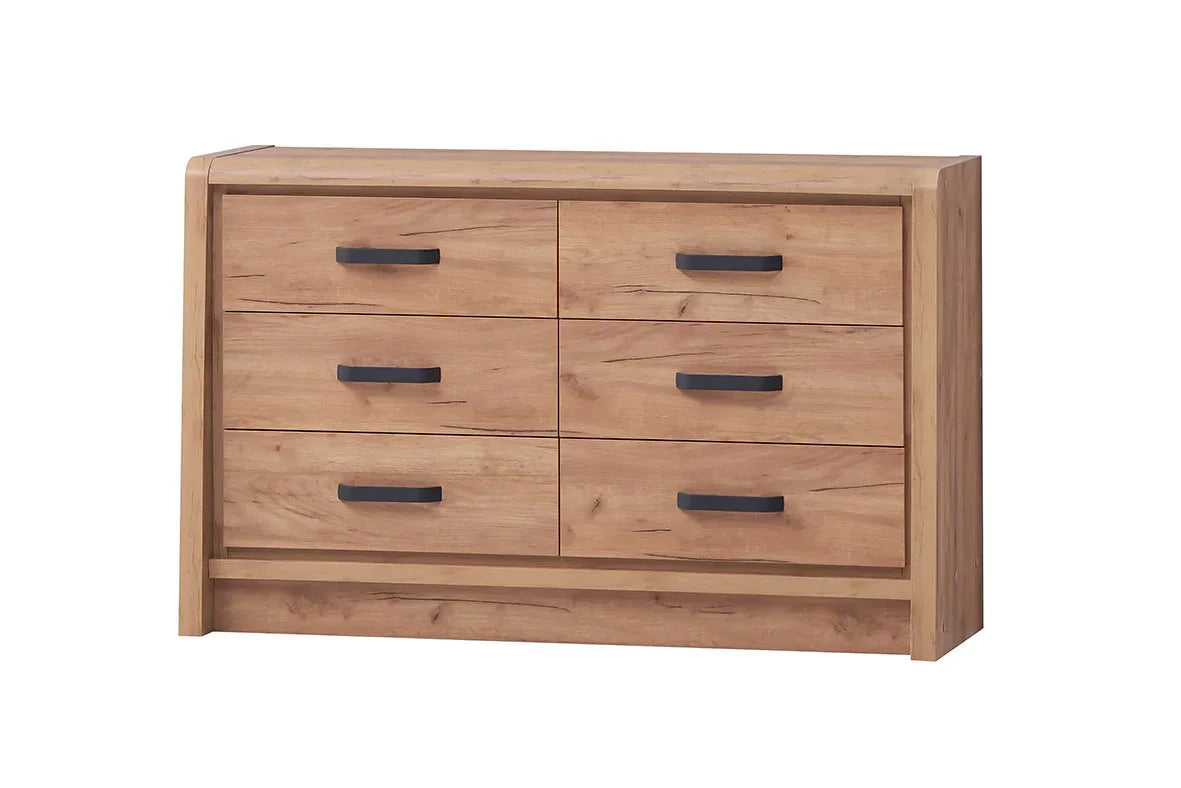 Oak wood 6 drawer wide chest with black handles, front view, modern bedroom storage furniture