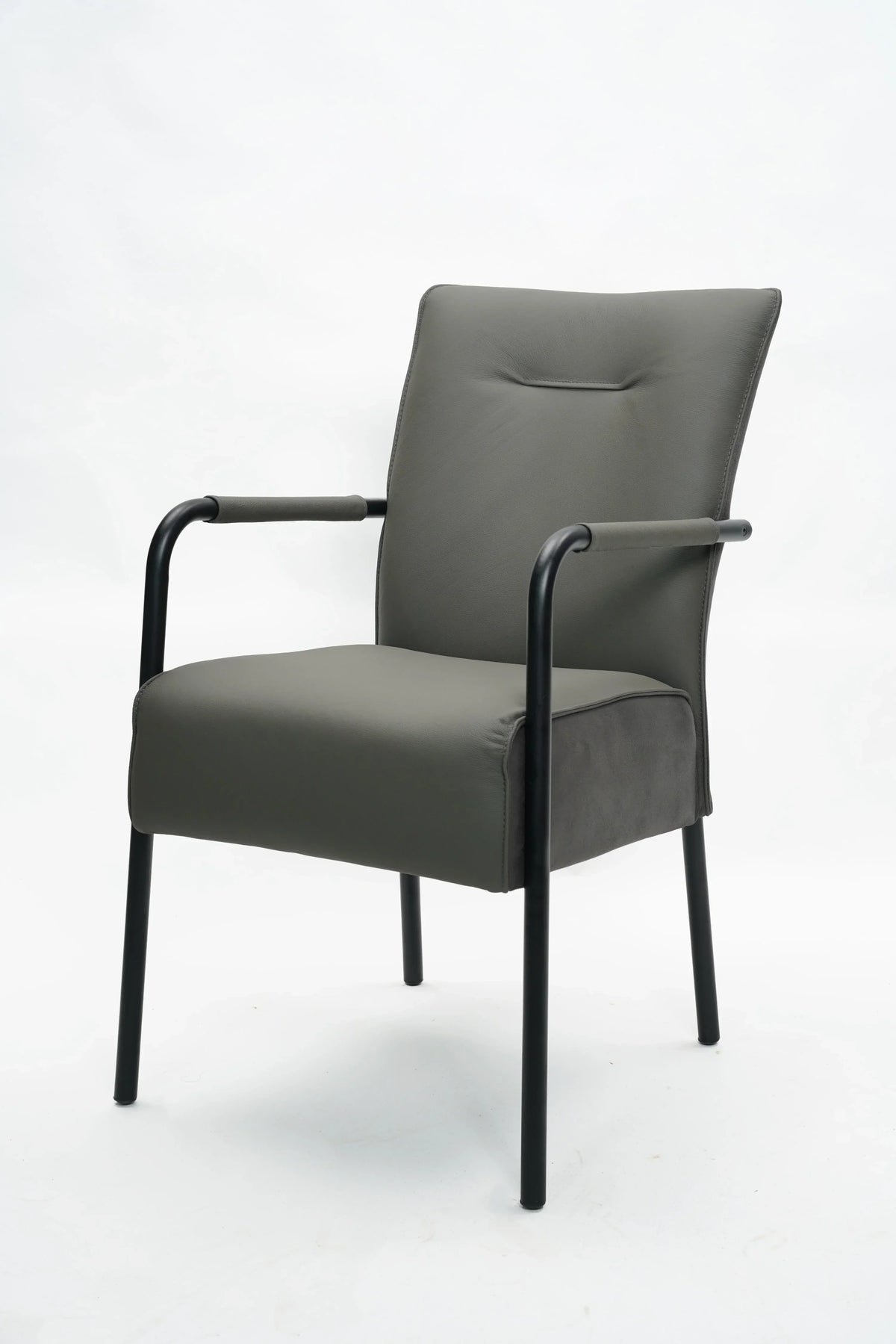 Grey dining chair with padded seat, black metal legs and armrests on white background