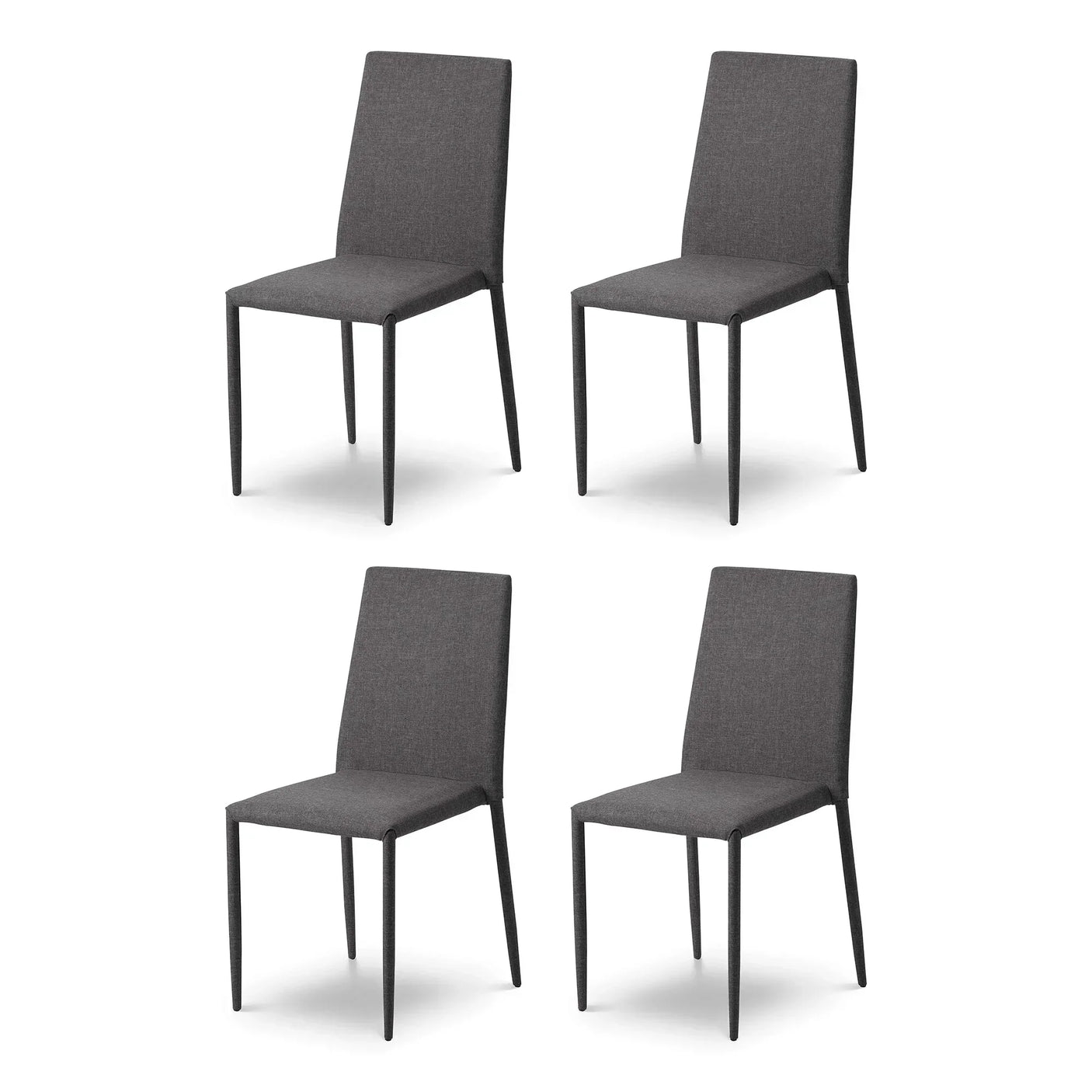 Set of four grey fabric dining chairs with slim legs and high backs on white background