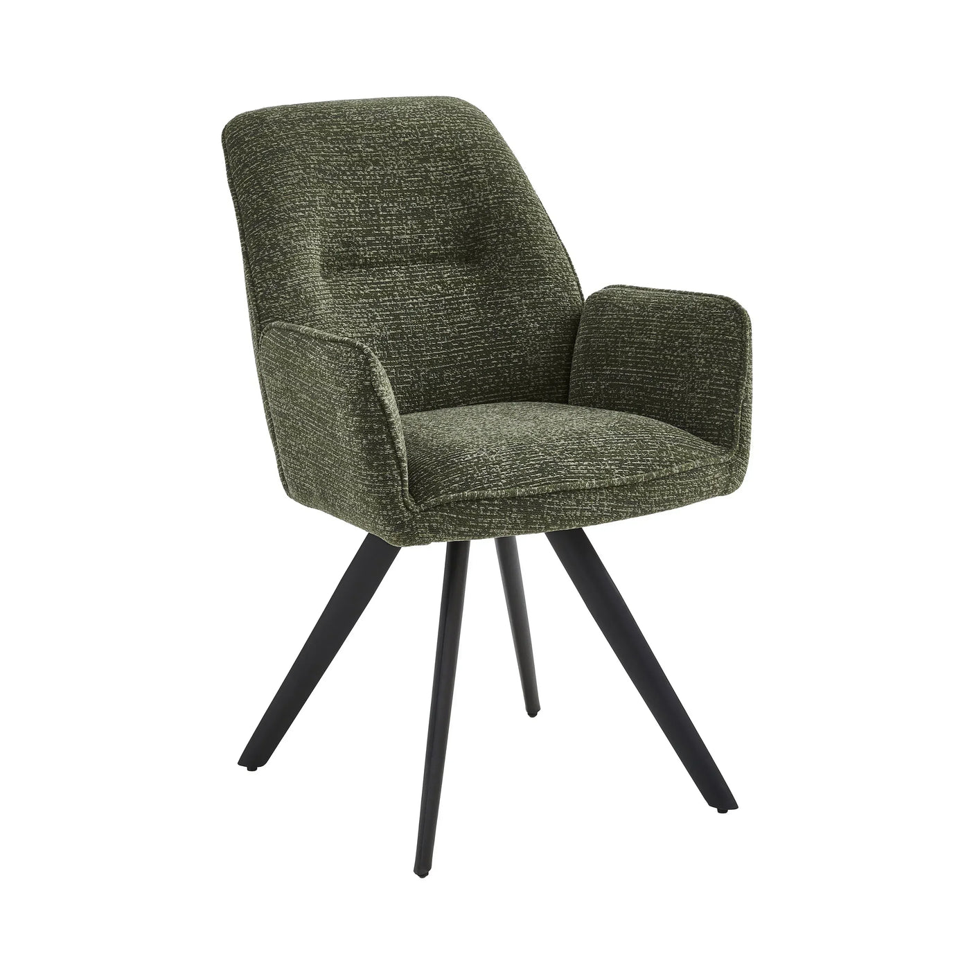 Green upholstered accent chair with black angled legs and padded armrests