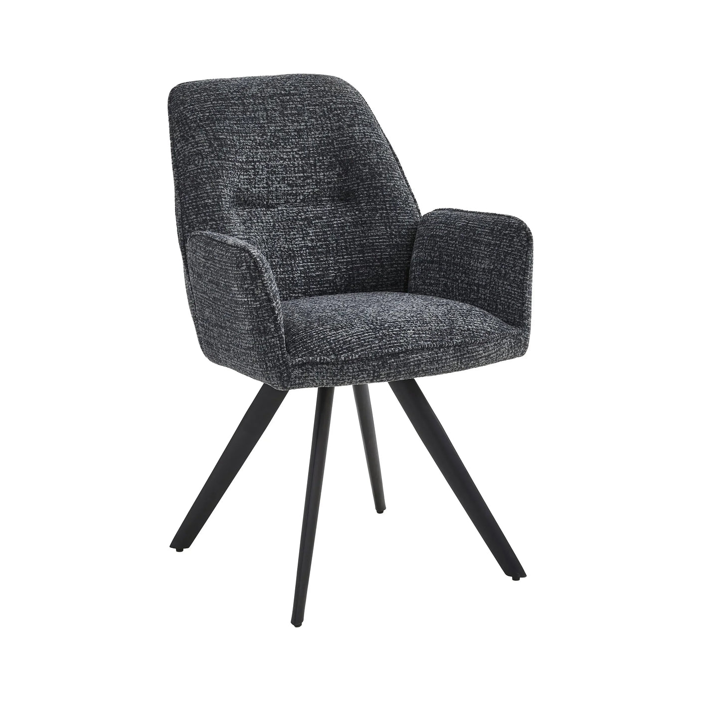 Grey fabric accent chair with padded seat, angled arms, and black metal legs