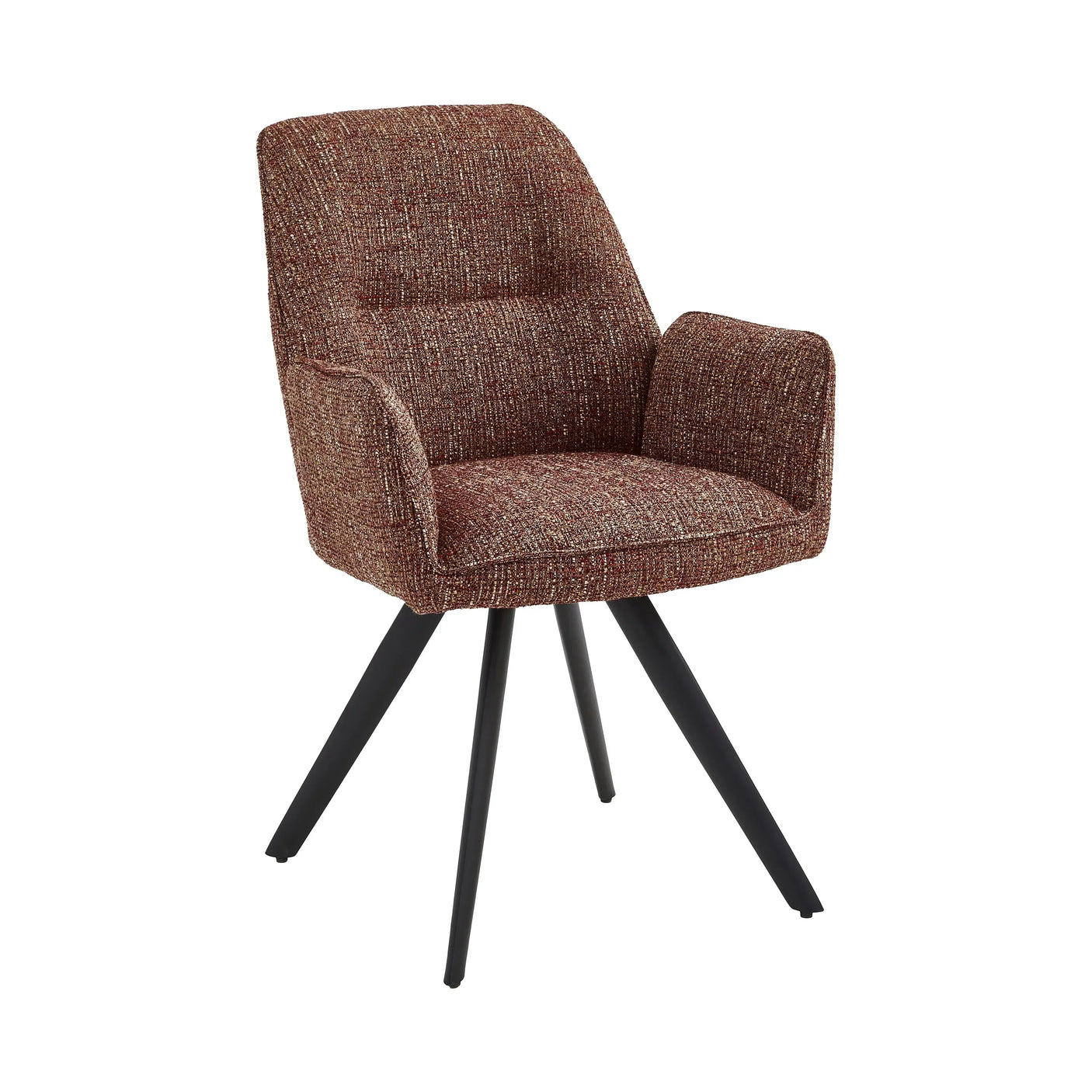 Red fabric dining chair with padded seat, angled armrests, and black metal legs