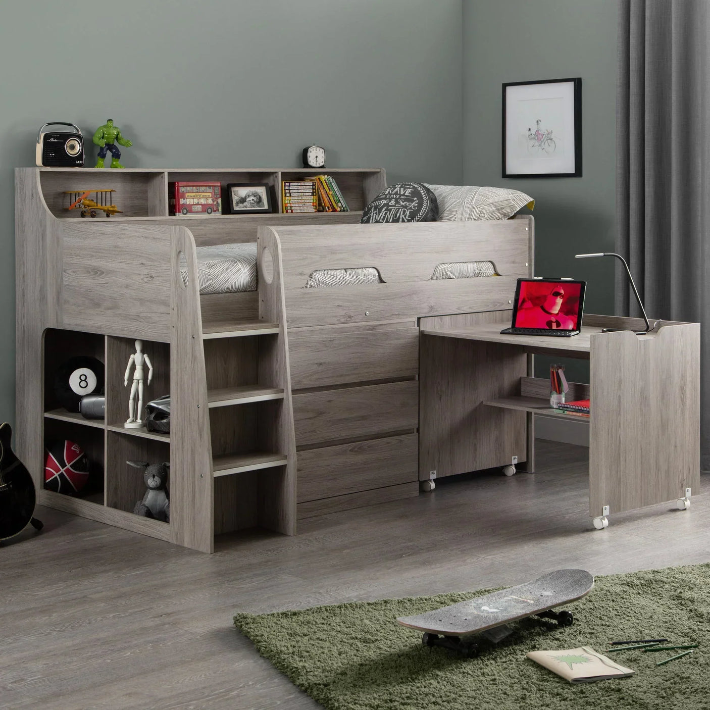 Grey oak mid sleeper bed with built-in shelves, pull-out desk and storage in modern bedroom