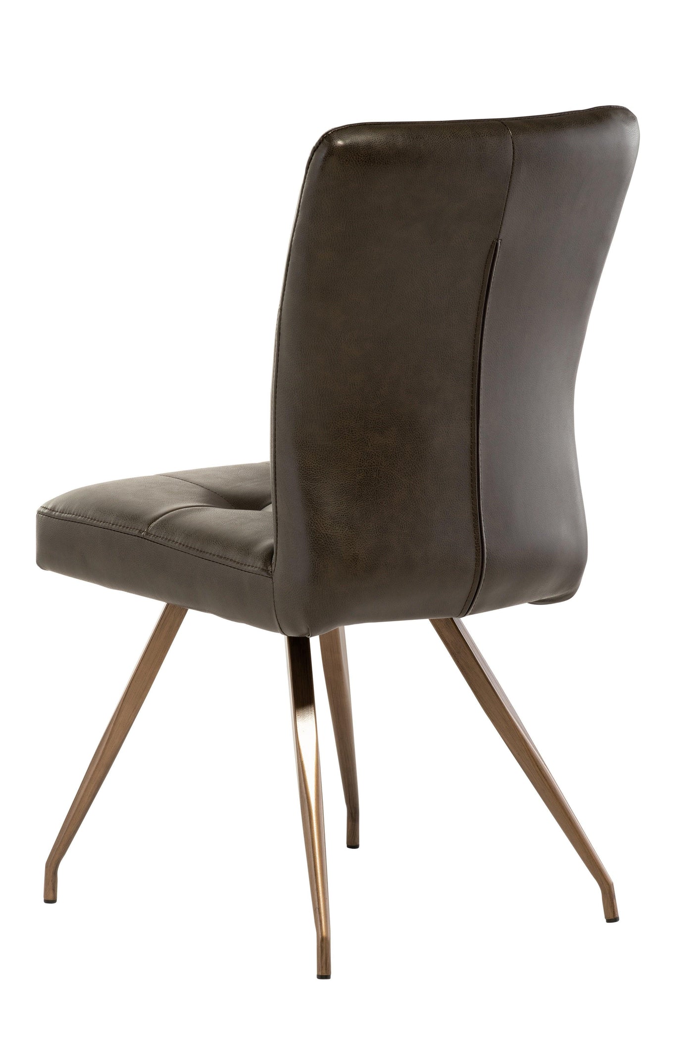 Brown faux leather dining chair with metal legs, rear angle view