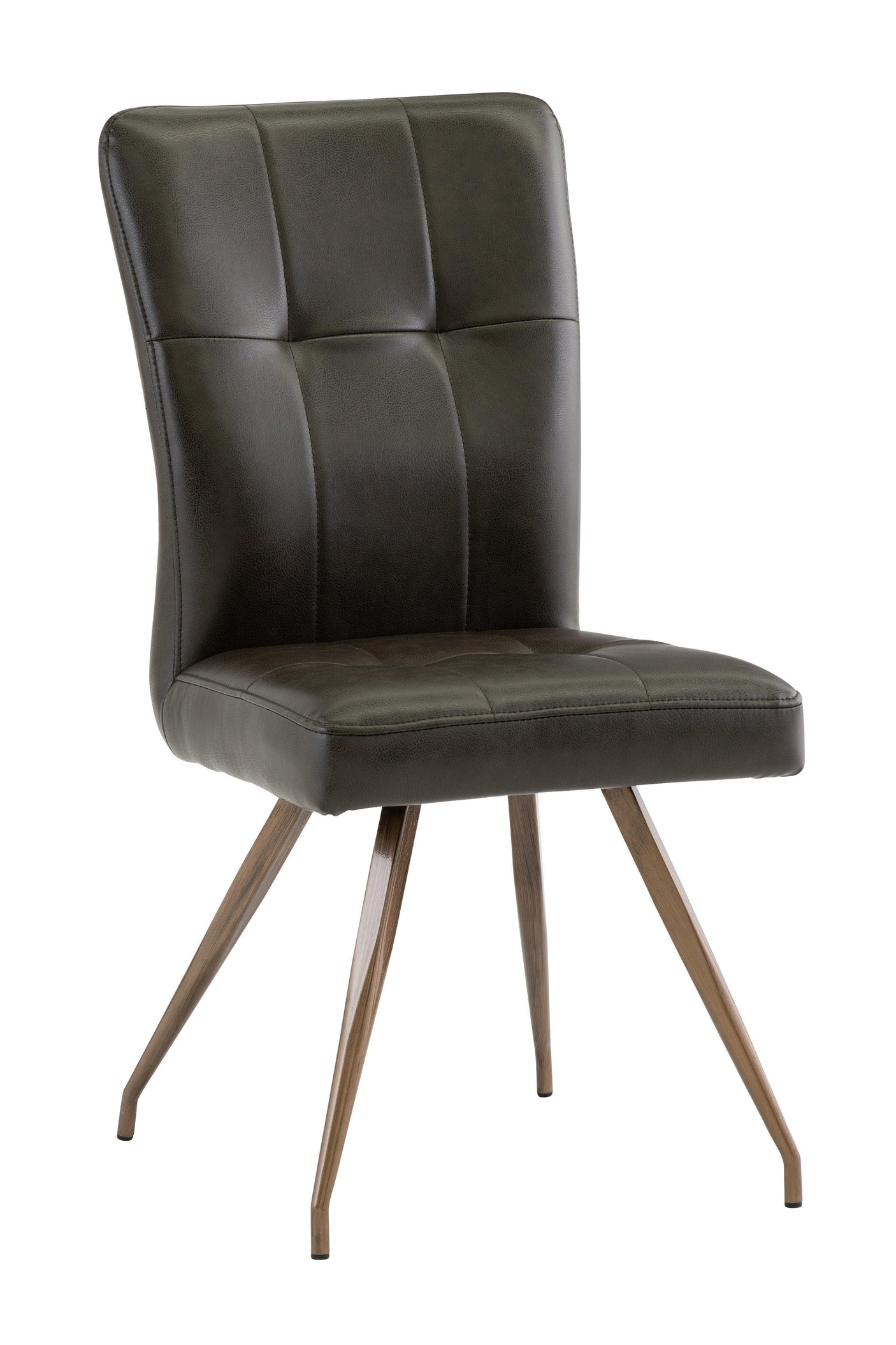 Dark faux leather dining chair with stitched backrest and angled wood legs