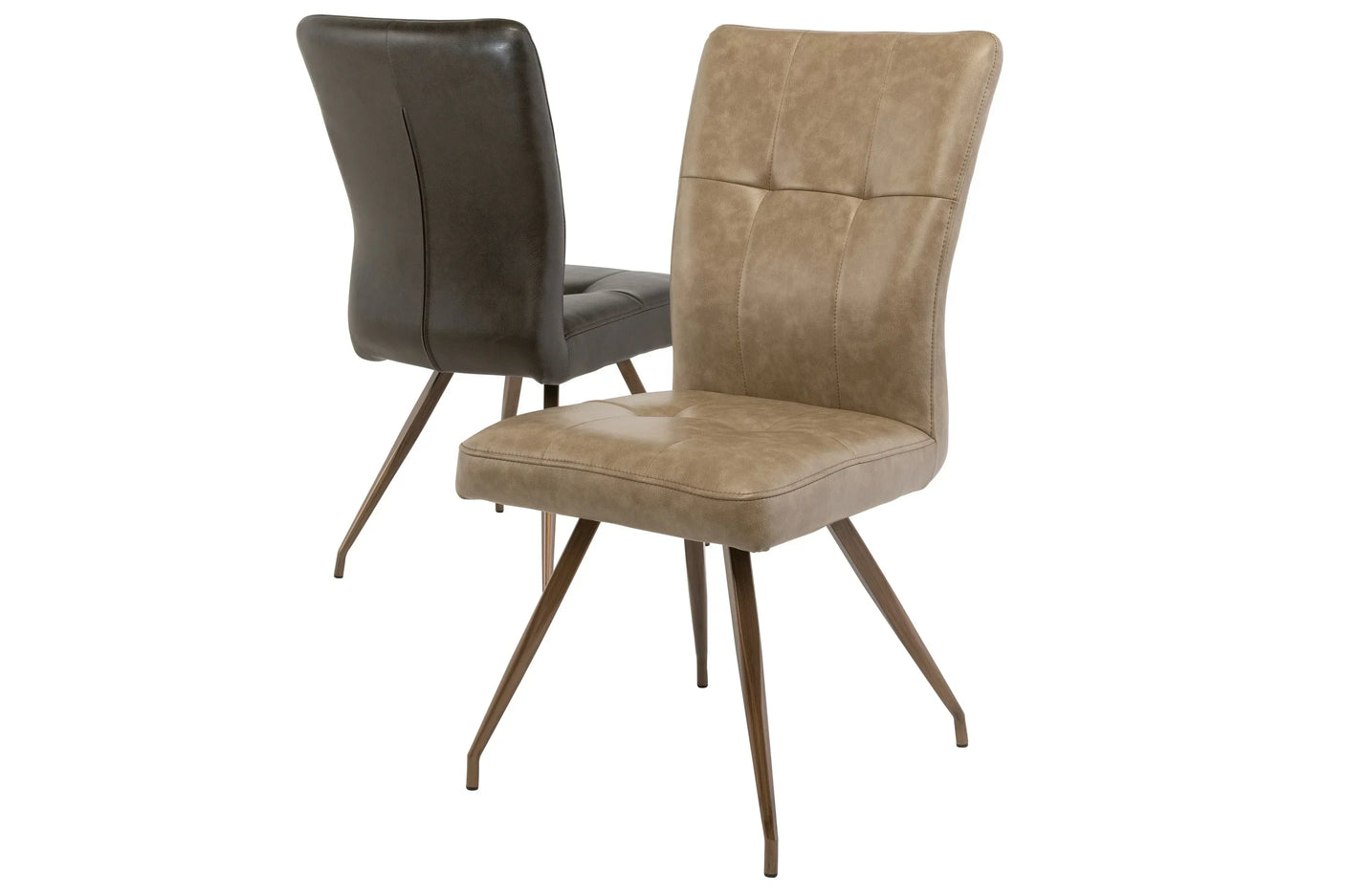 Pair of dining chairs with padded faux leather seats, tan and dark brown, metal legs