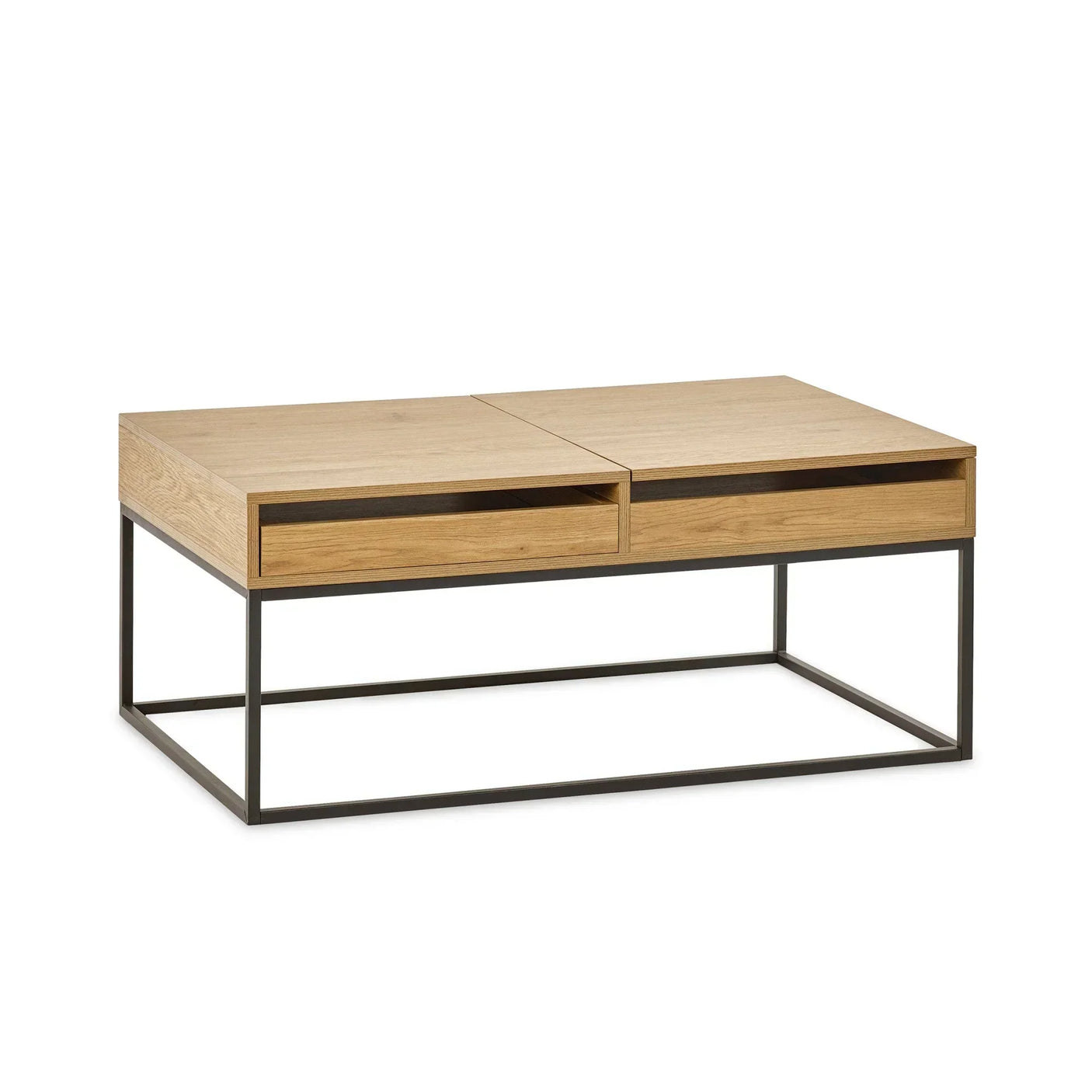 Rectangular oak coffee table with metal frame and two storage drawers, modern design