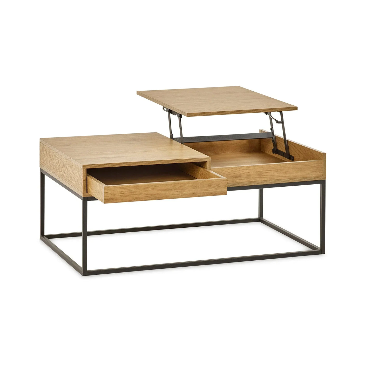Oak coffee table with metal frame, one open drawer and lift-top storage compartment