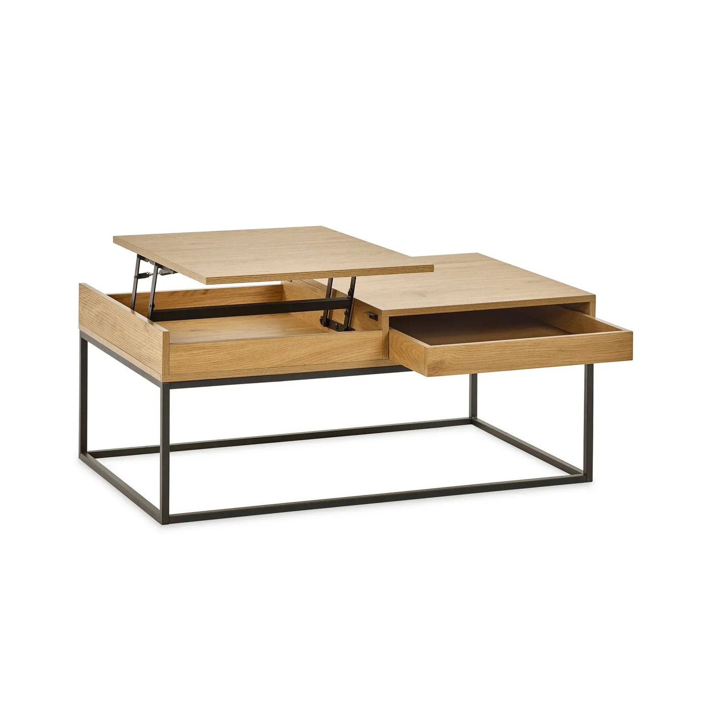 Oak coffee table with lift-top section, metal frame, and open drawer on white background