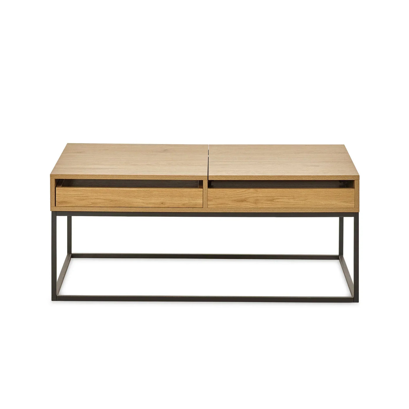 Rectangular oak coffee table with black metal frame and two front drawers