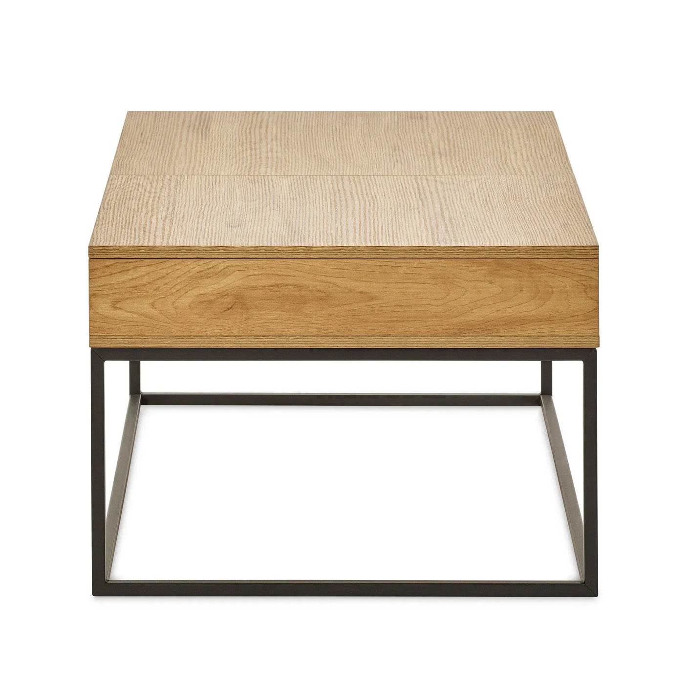 Modern square wood coffee table with black metal frame, front view