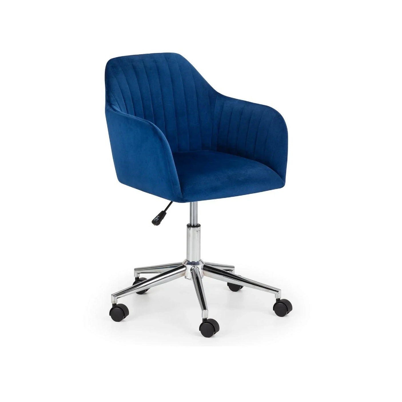 Blue office chair with velvet upholstery and chrome swivel base on castors