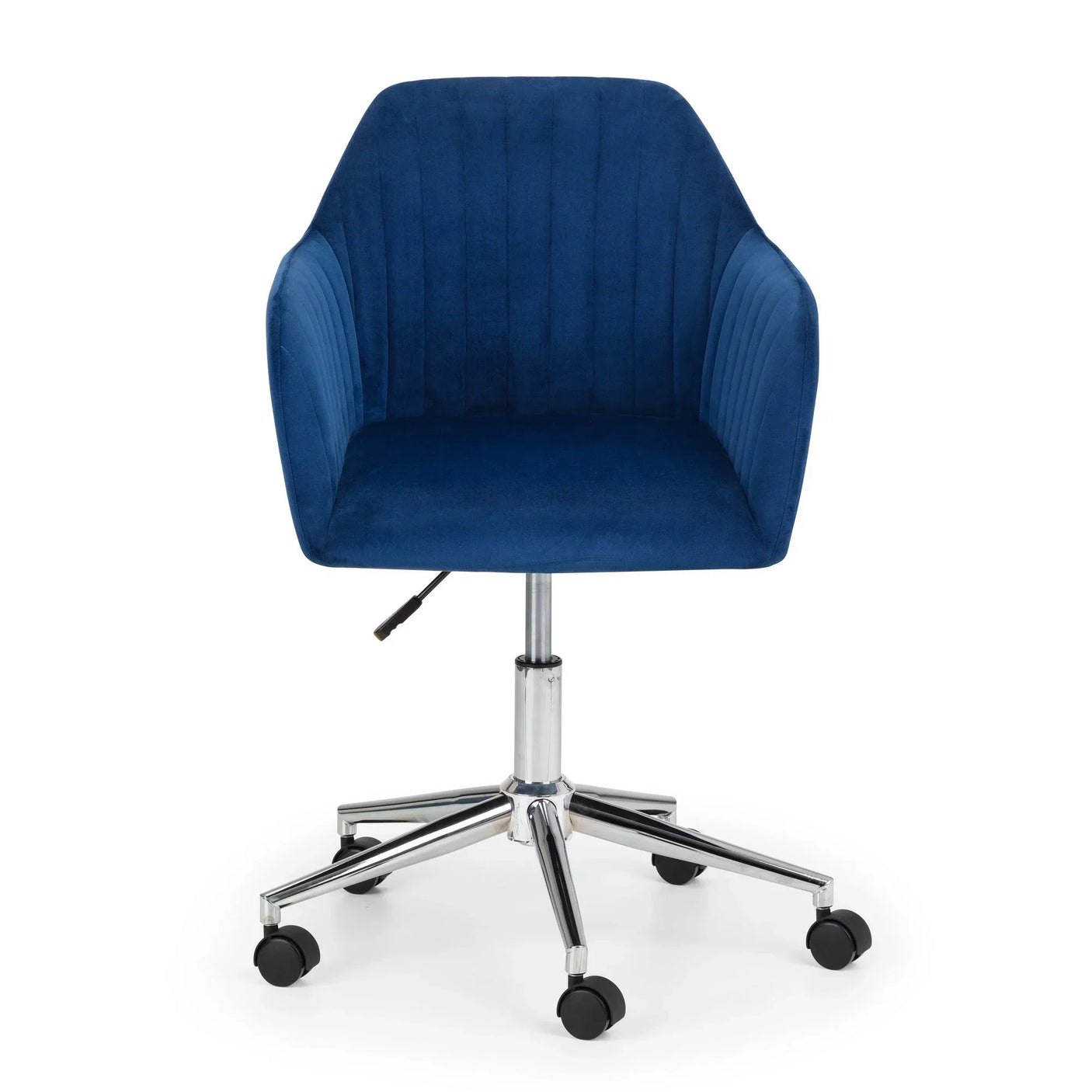 Blue velvet office chair with chrome swivel base and wheels, front view