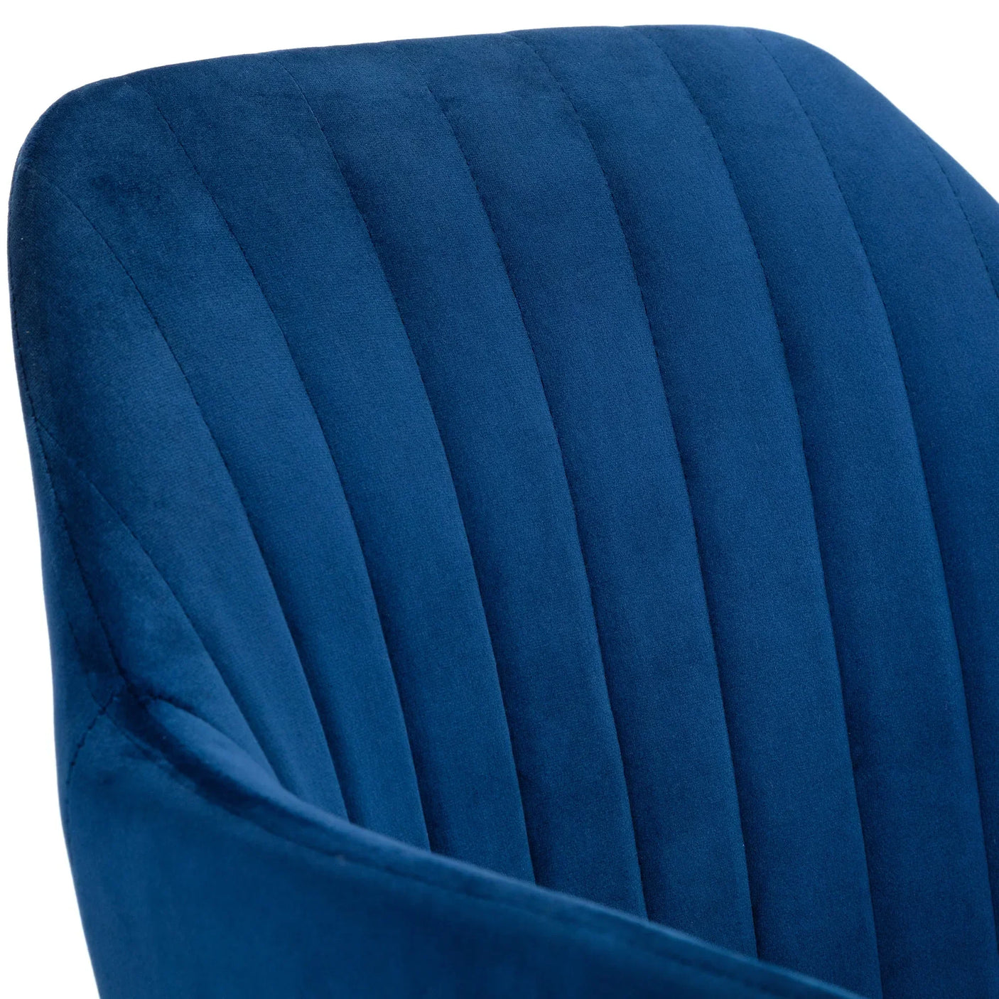 Close-up of blue office chair with vertical stitched velvet upholstery