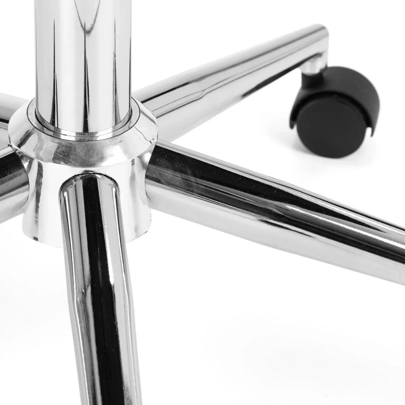 Chrome office chair base with black caster wheel on white background