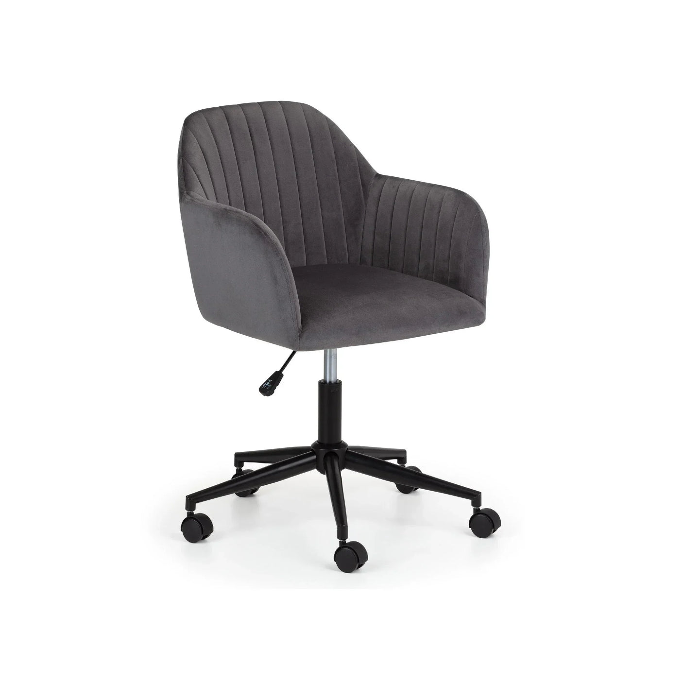 Grey office chair with armrests, padded seat, and black wheeled base, front angle view