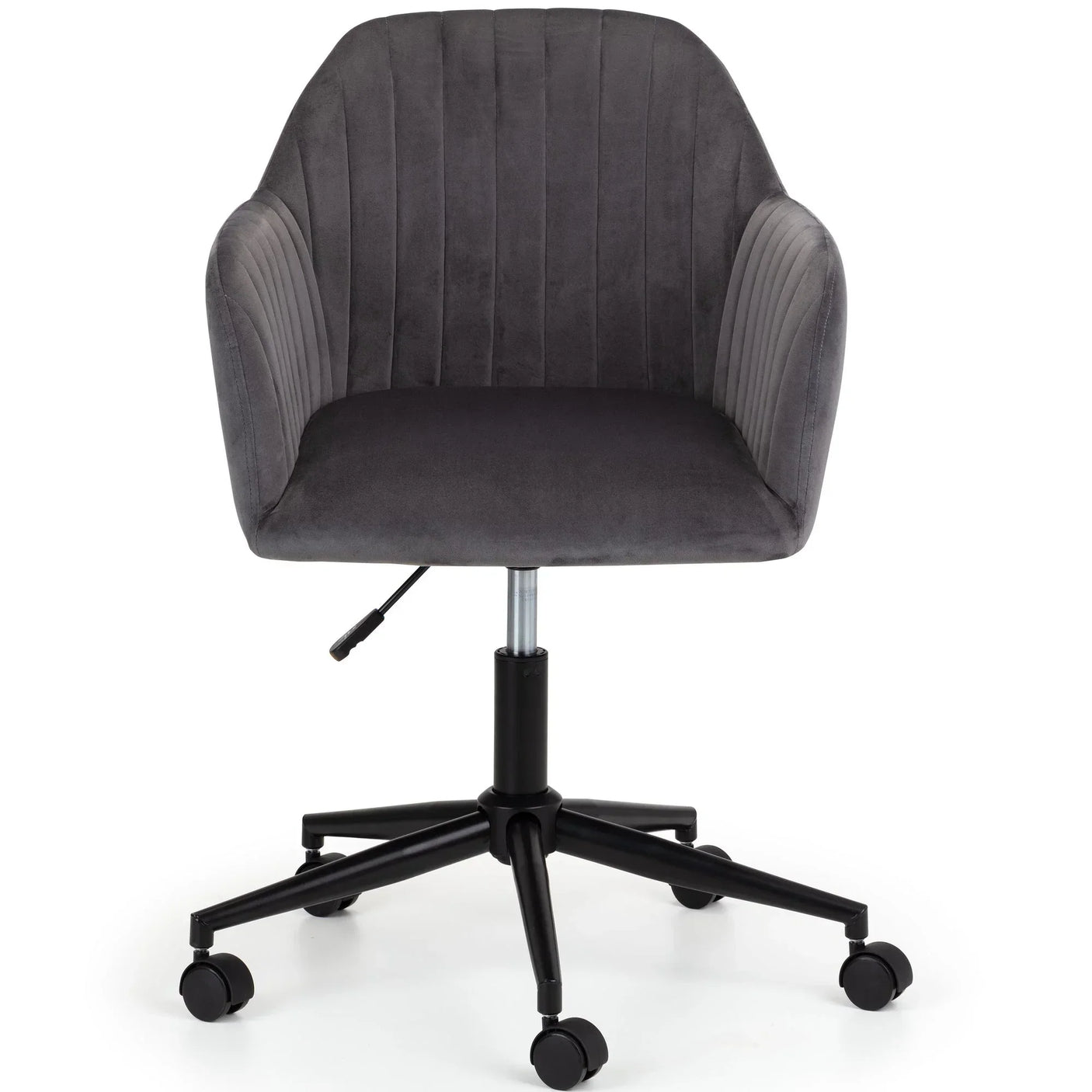 Grey office chair with padded seat, curved backrest, and black swivel base on wheels