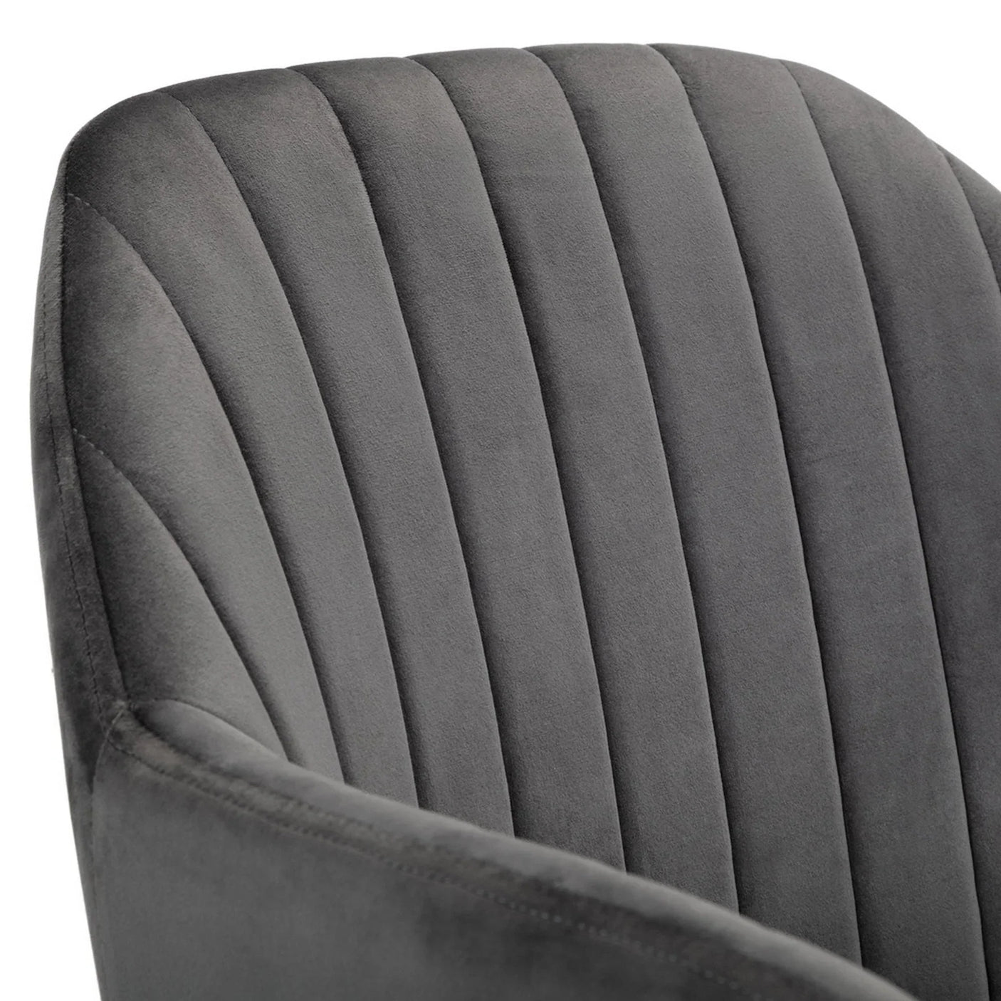 Close-up of grey office chair with vertical upholstered stitching on backrest
