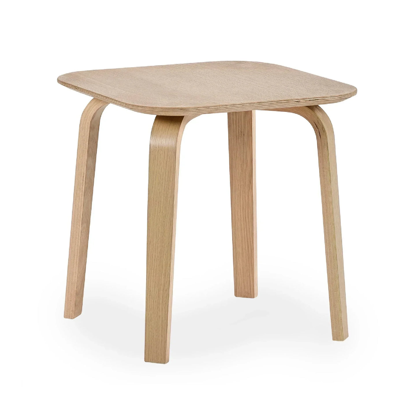 Light wood side table with curved legs and square top on white background