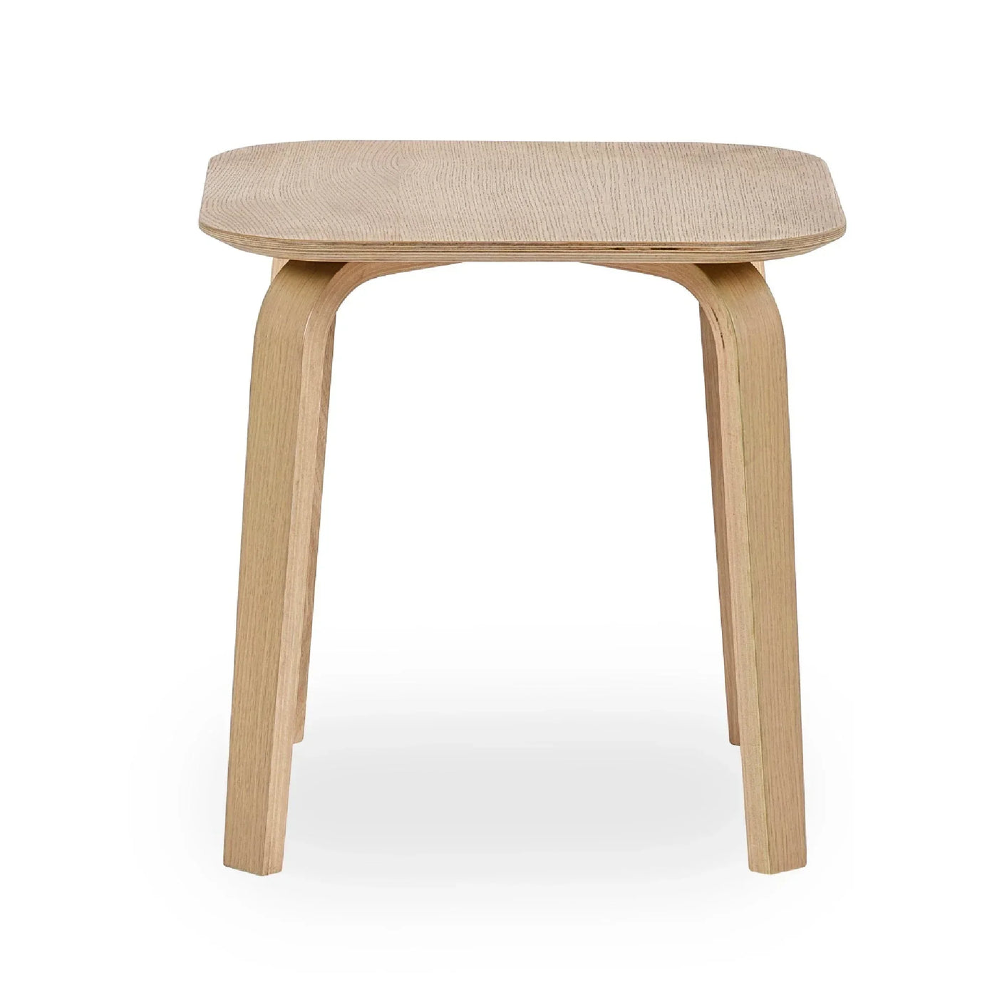 Oak side table with rounded edges and bentwood legs, photographed against a white background