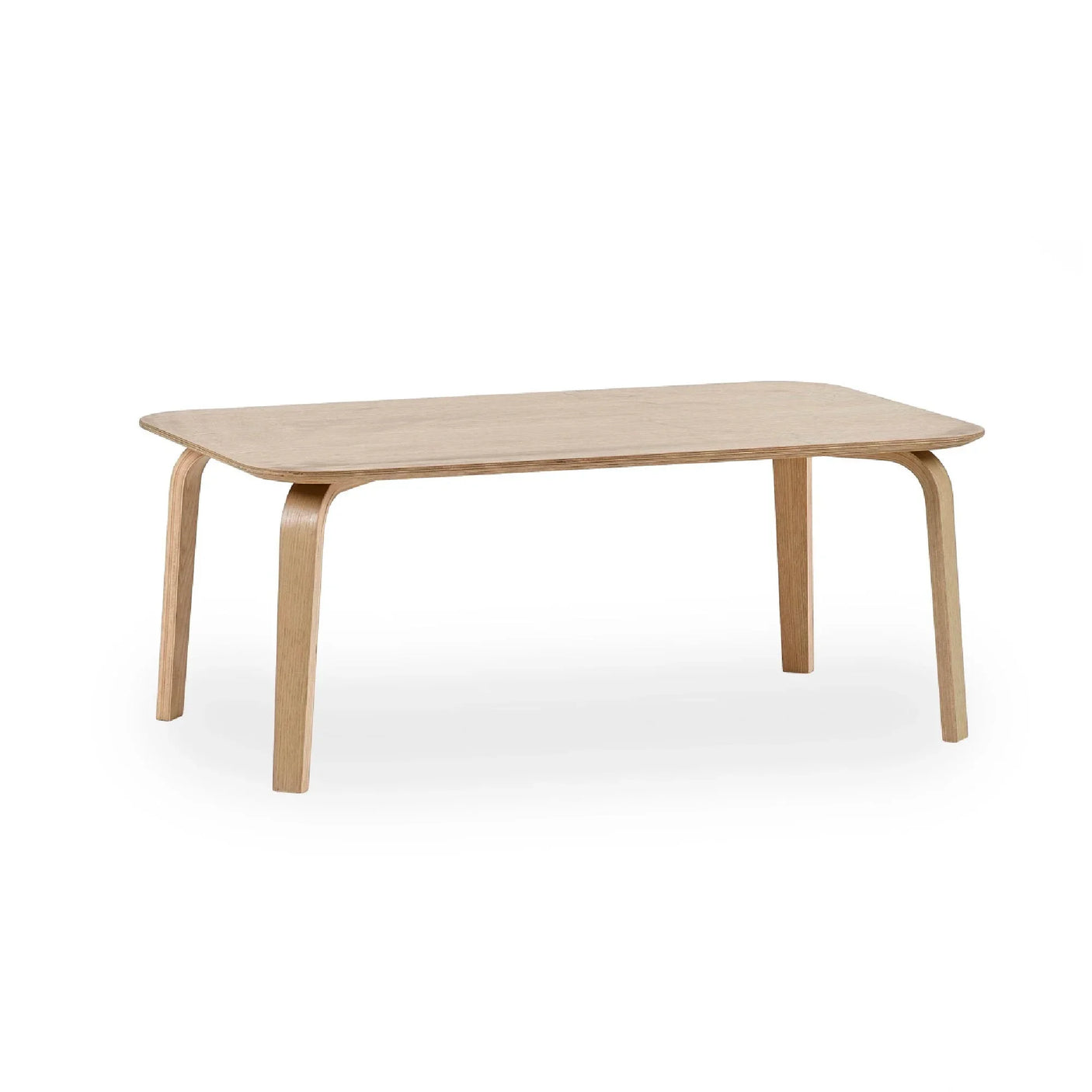 Rectangular wooden coffee table with rounded edges and curved legs on white background